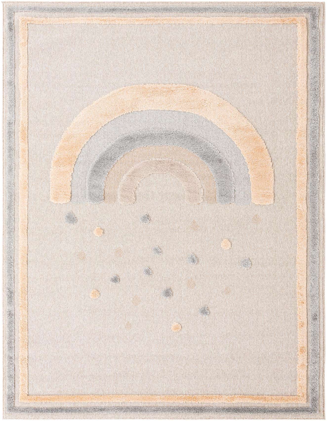 A 6x9 rectangular multi-colored rug featuring a large rainbow design with rain-like dots, framed by a border.