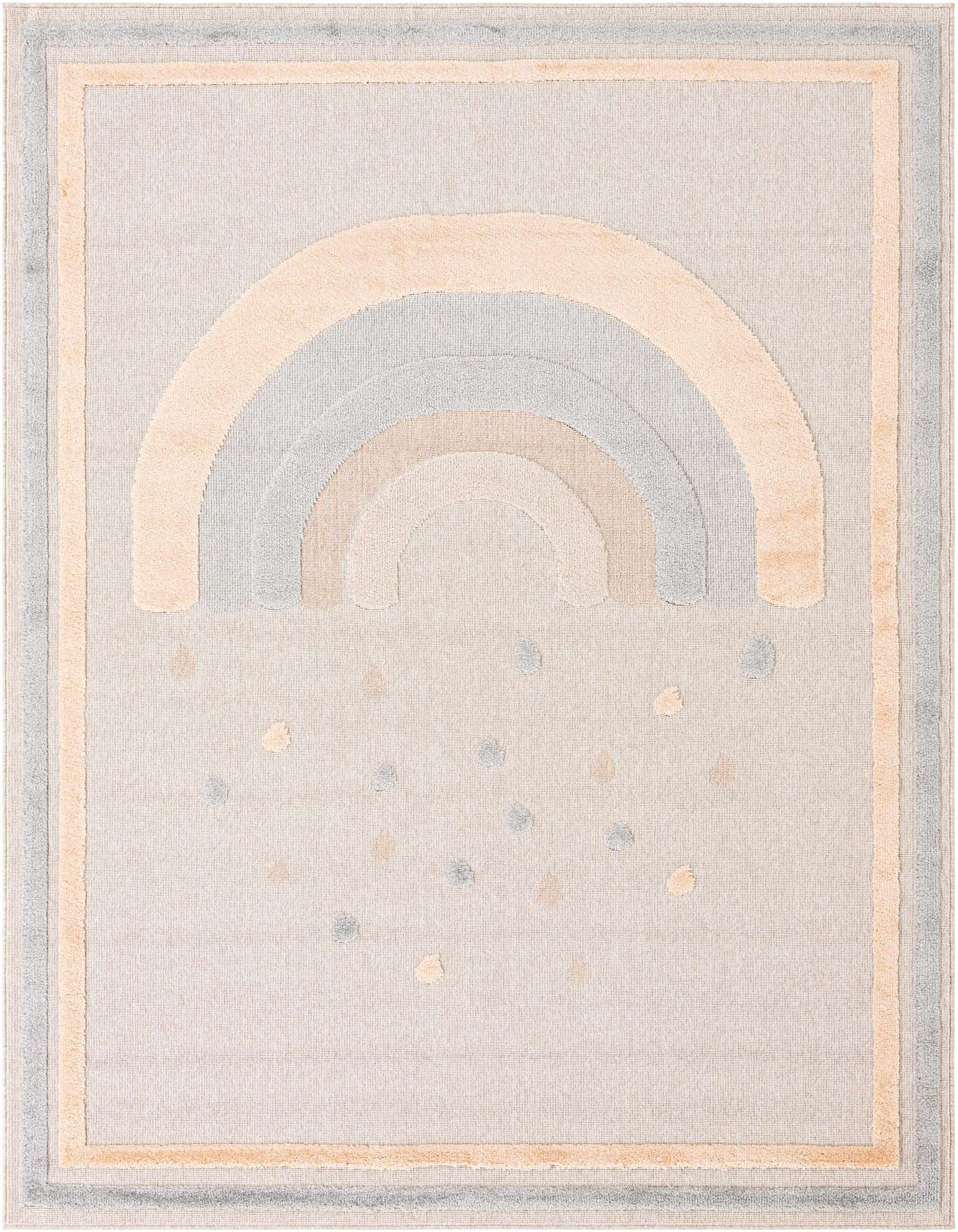 A rectangular 8x10 multi-colored rug featuring a large muted rainbow design with falling raindrops on a light background, framed by a border.