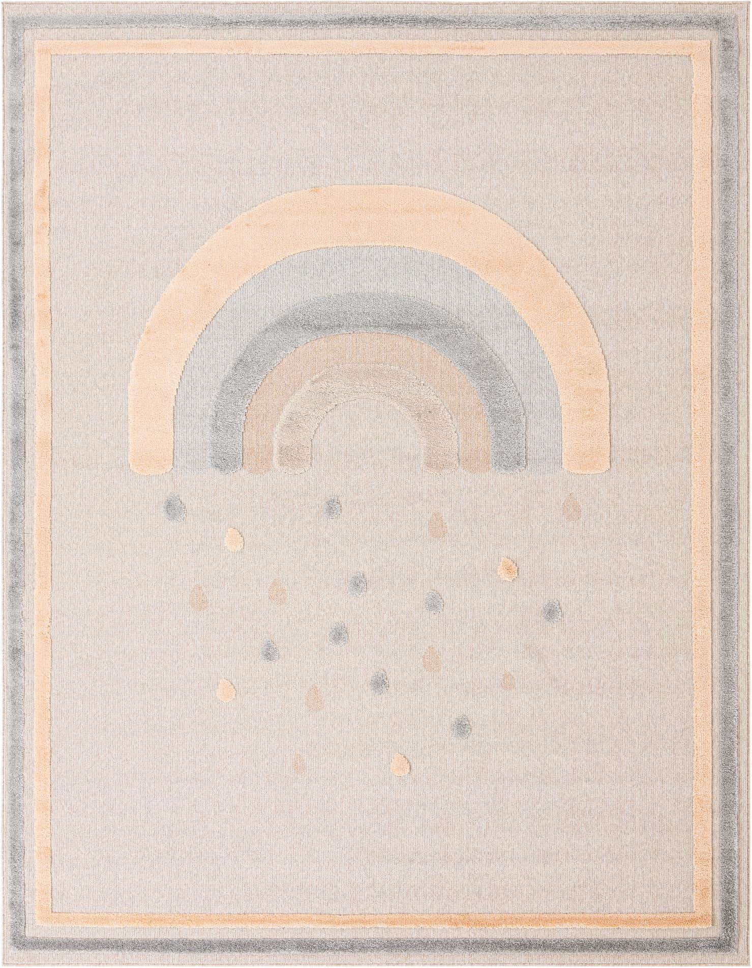 A 9x12 rectangular multi-colored rug featuring a large, muted rainbow design with falling raindrops on a light background, framed by a subtle border.