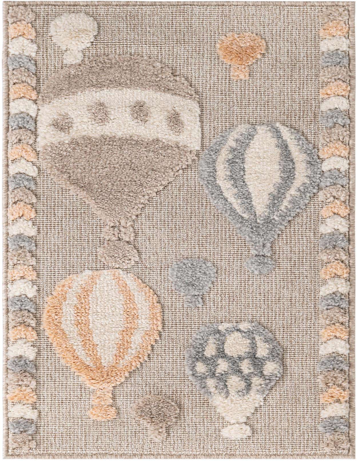 A rectangular 2x3 multi-colored rug featuring a whimsical hot air balloon design with textured pile, perfect for a child's room.