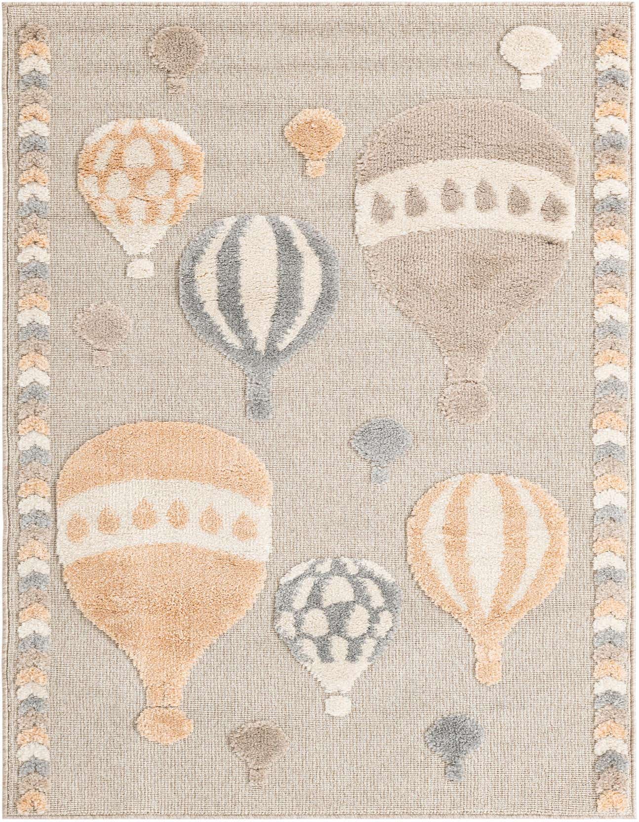 A 4x6 multi-colored rectangular rug featuring various hot air balloons in peach, gray, and cream, with a chevron border.