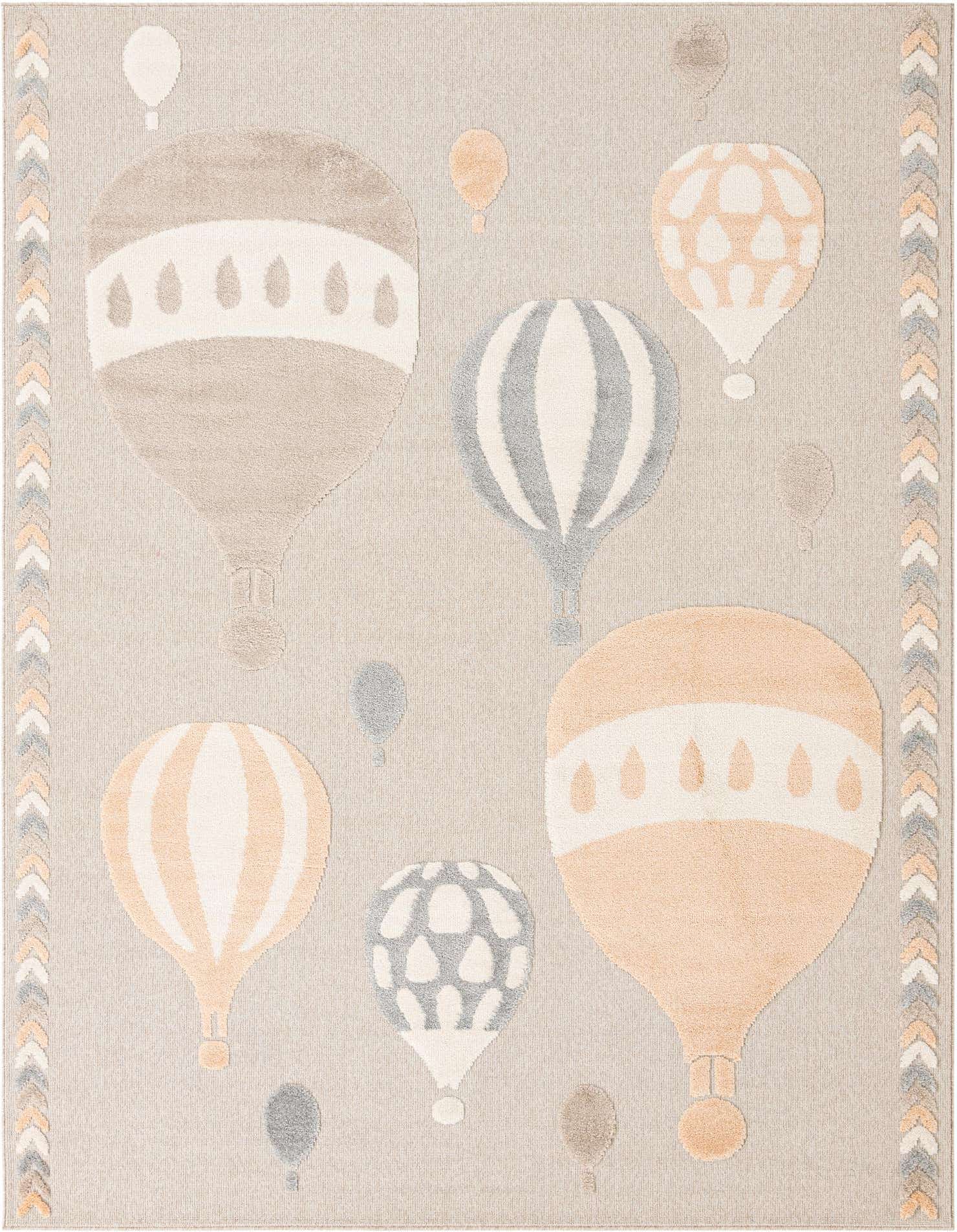 A 9x12 rectangular multi-colored rug featuring various hot air balloons in shades of gray, peach, and white, with a chevron border.