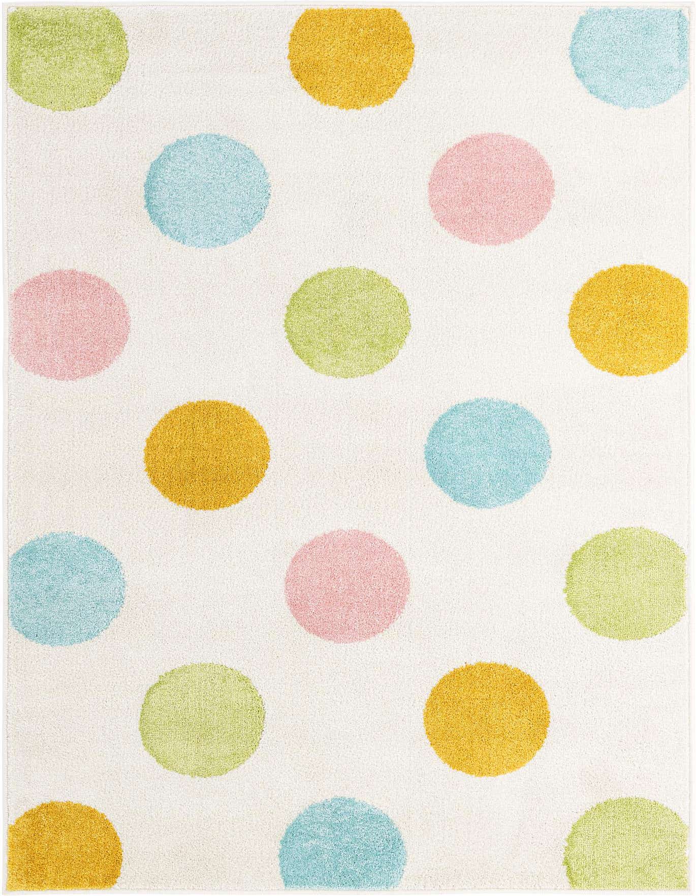 A 4x6 rectangular Whimsy Kids rug with a white background and large, colorful polka dots in pink, blue, green, and yellow.