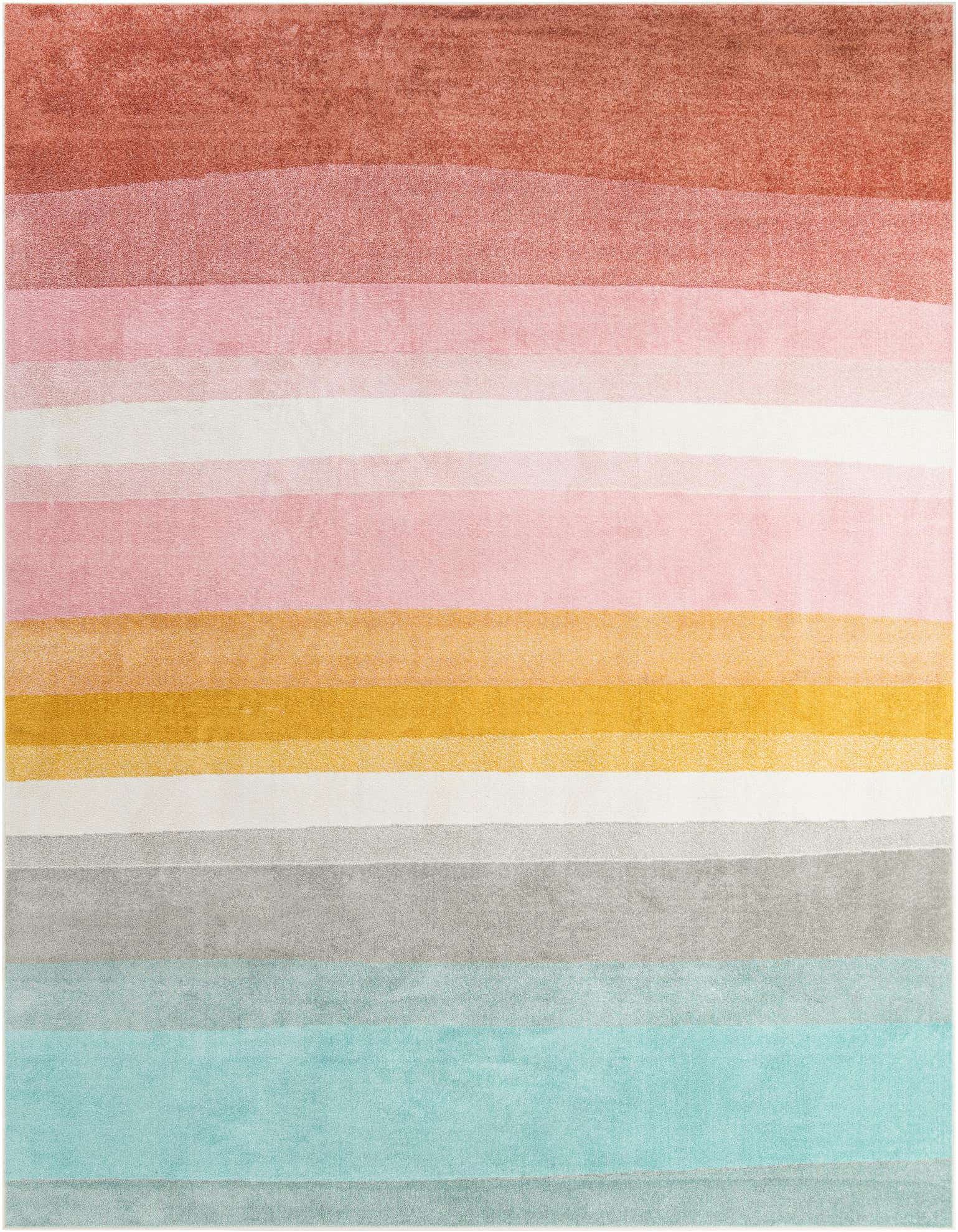 A 10x13 rectangular multi-colored modern stripe rug with bands of pink, orange, white, gray, and teal.