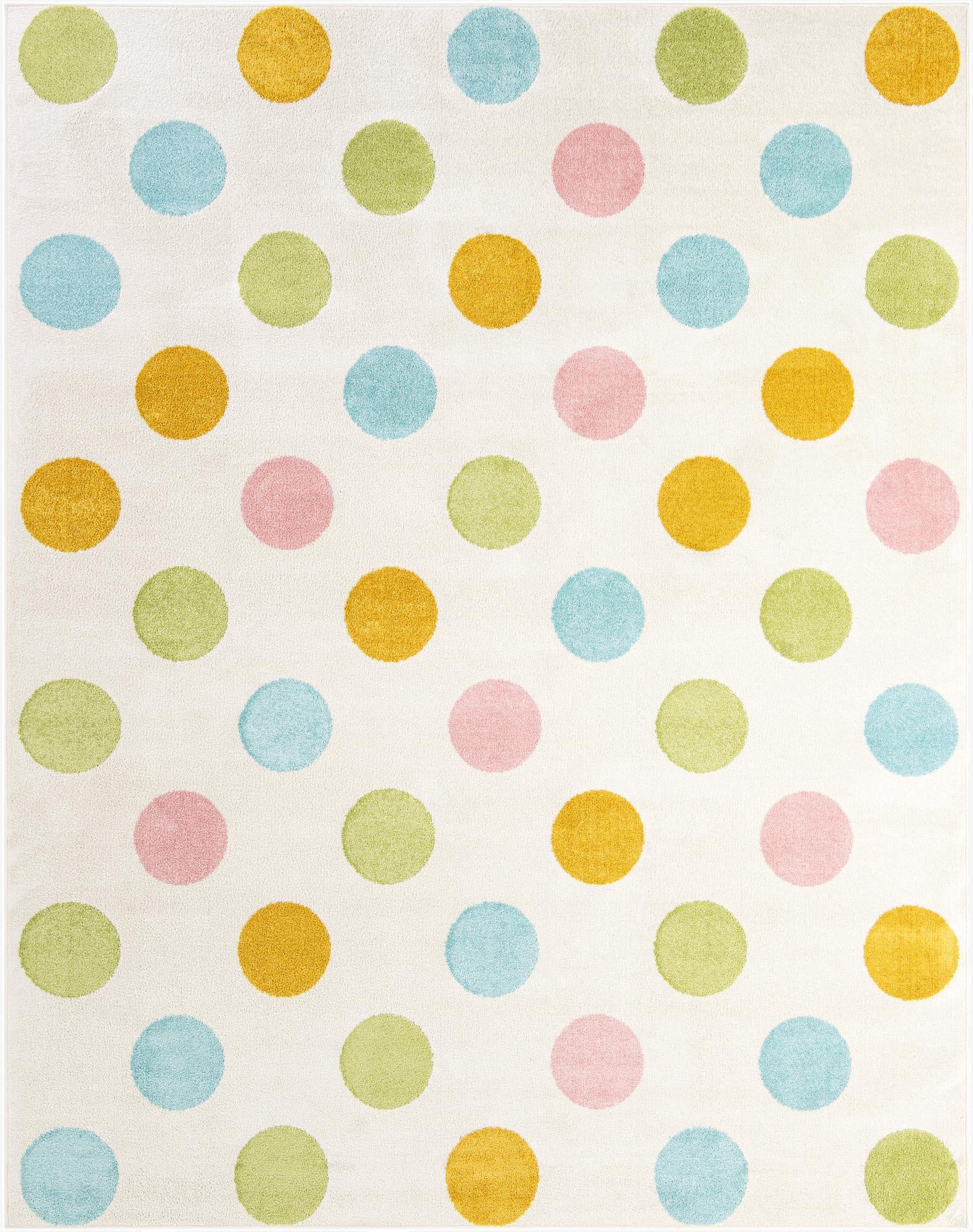 A rectangular 8x10 multi-colored rug with a playful polka dot pattern in pastel pink, blue, green, and gold on a cream background.
