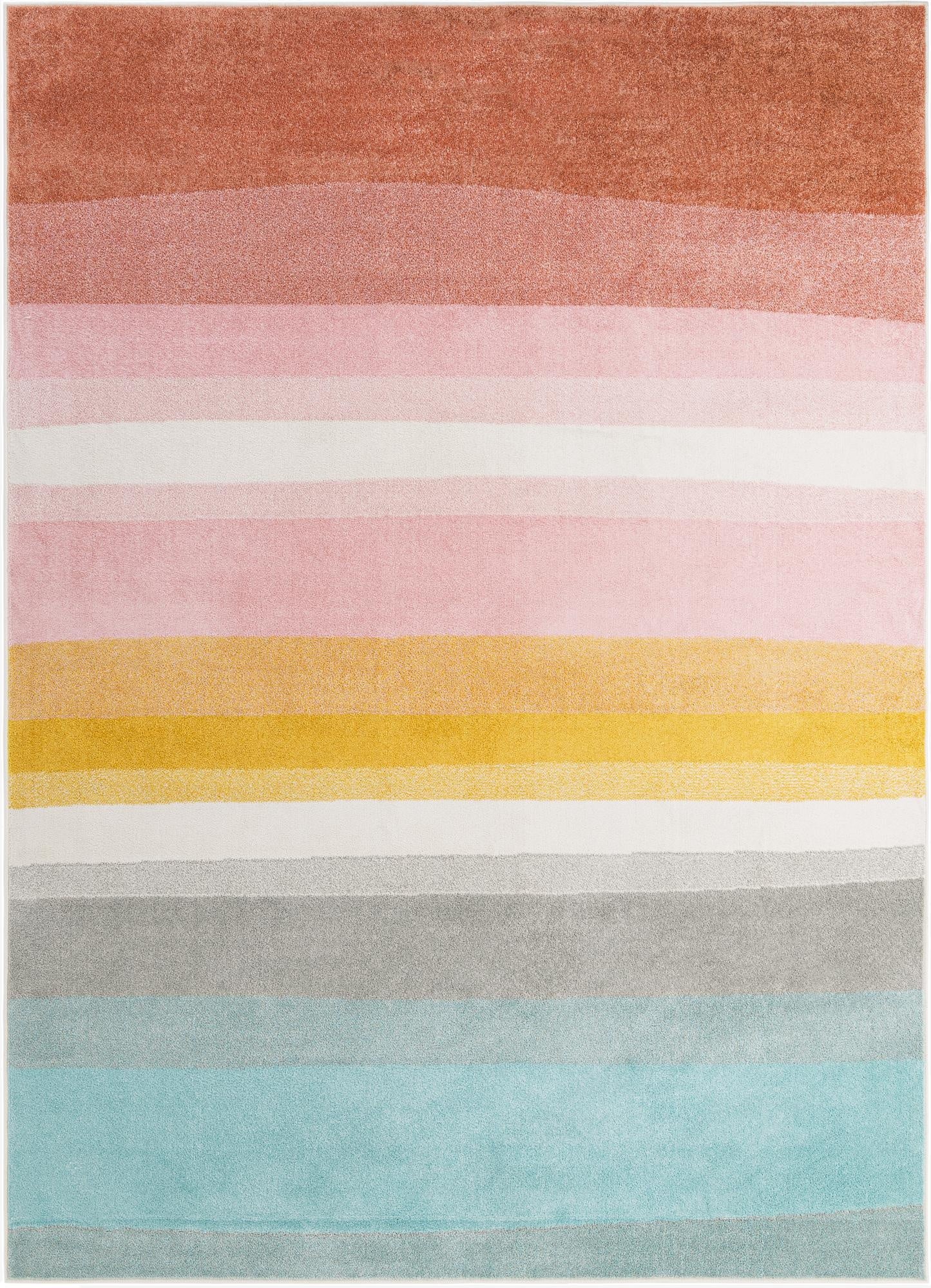 A rectangular 8x11 multi-colored modern rug featuring horizontal stripes in varying shades of pink, orange, yellow, white, grey, and blue.