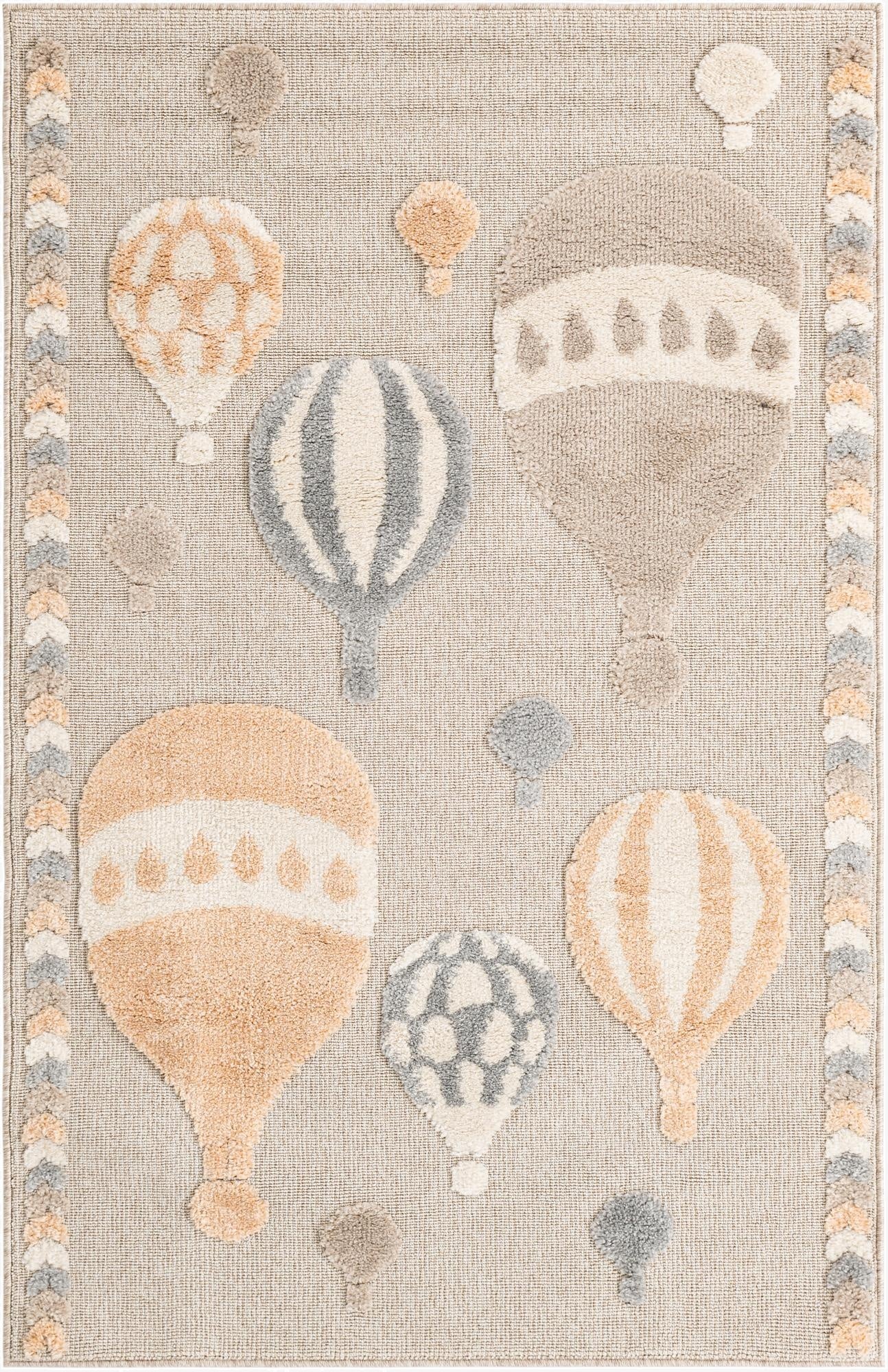 A 4x6 multi-colored rectangular rug featuring various hot air balloons in peach, gray, and cream, with a chevron border.