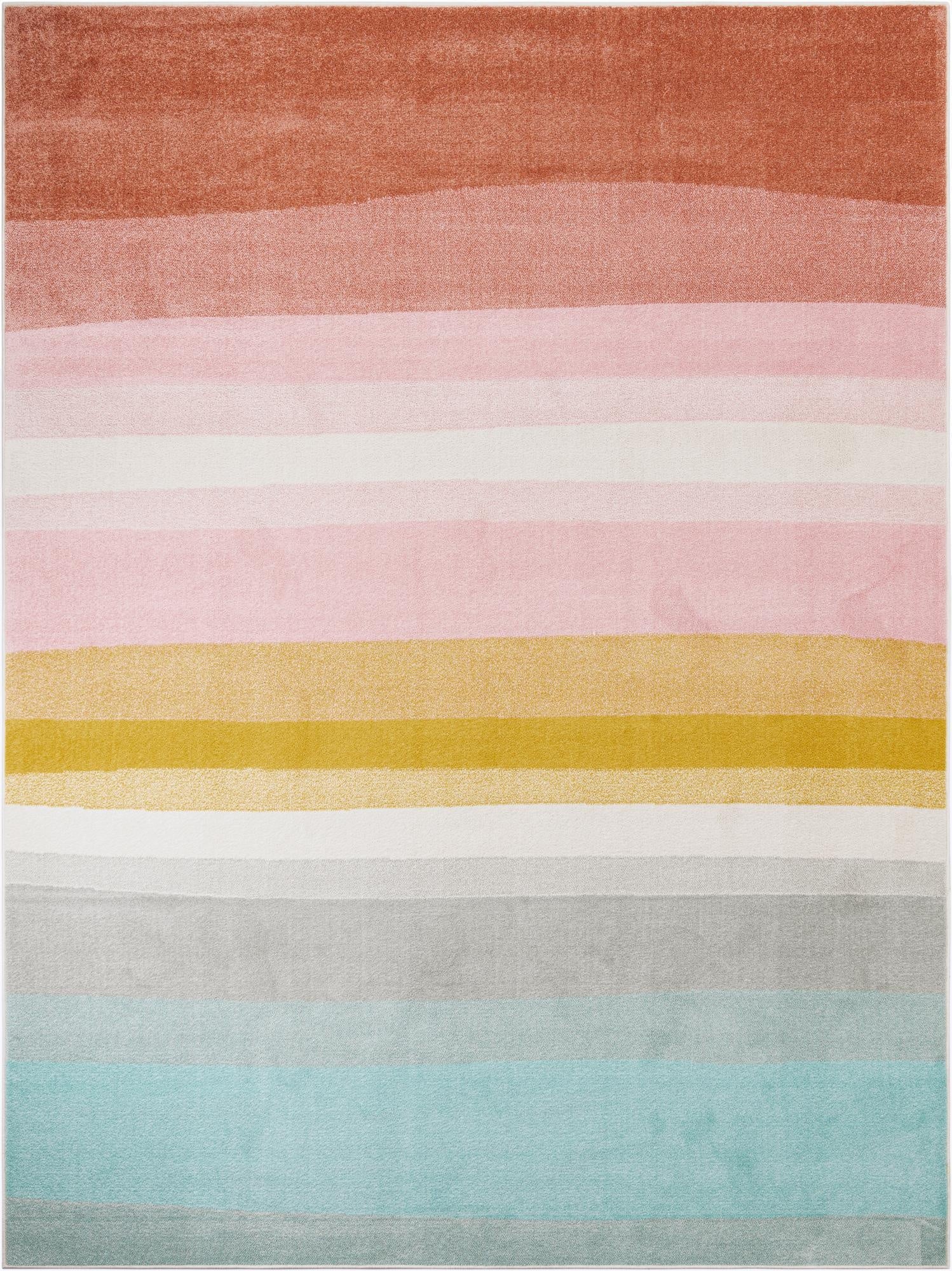A 9x12 rectangular area rug featuring a multi-colored striped pattern in shades of terracotta, pink, gold, gray, and teal.