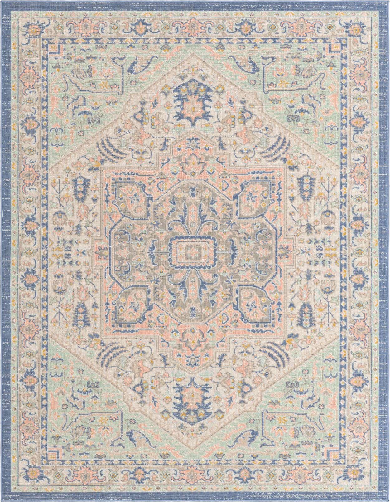 A 4x6 rectangular multi-colored rug with a vintage medallion pattern and a blue border, perfect for a living room or entryway.