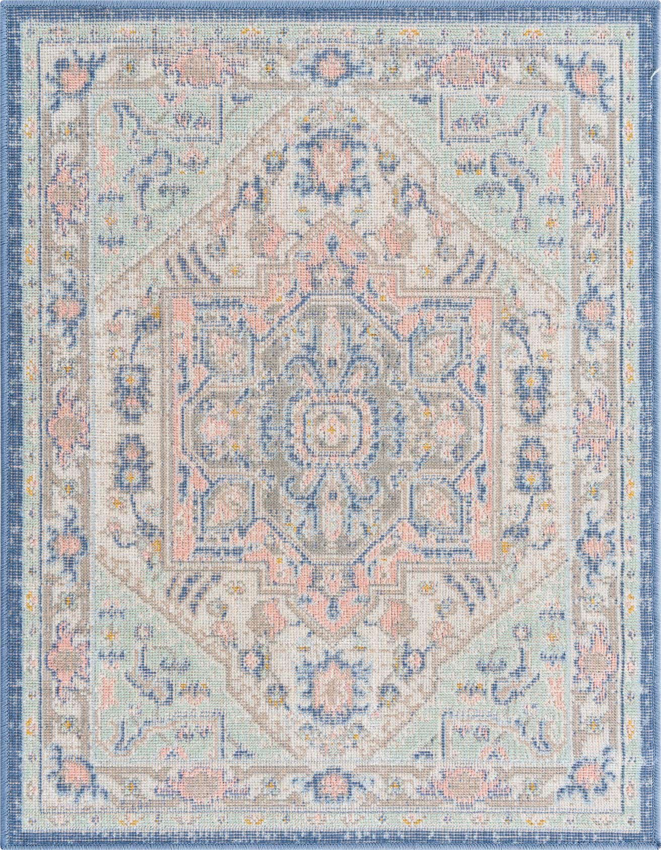 A 2x3 rectangular Rugs.com Whitney rug featuring a multi-colored medallion pattern with blues, pinks, and greens, framed by a blue border.