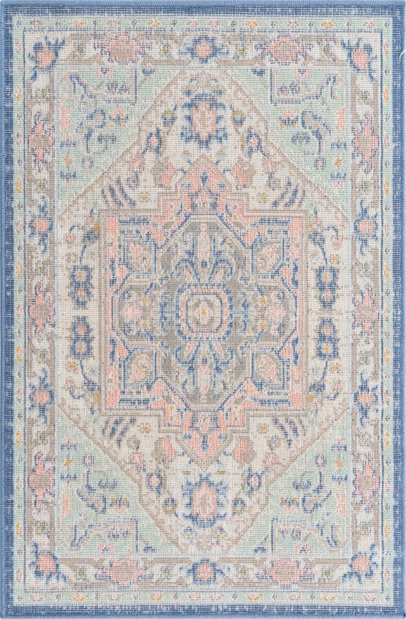A 2x3 rectangular Rugs.com Whitney rug featuring a multi-colored medallion pattern with blues, pinks, and greens, framed by a blue border.