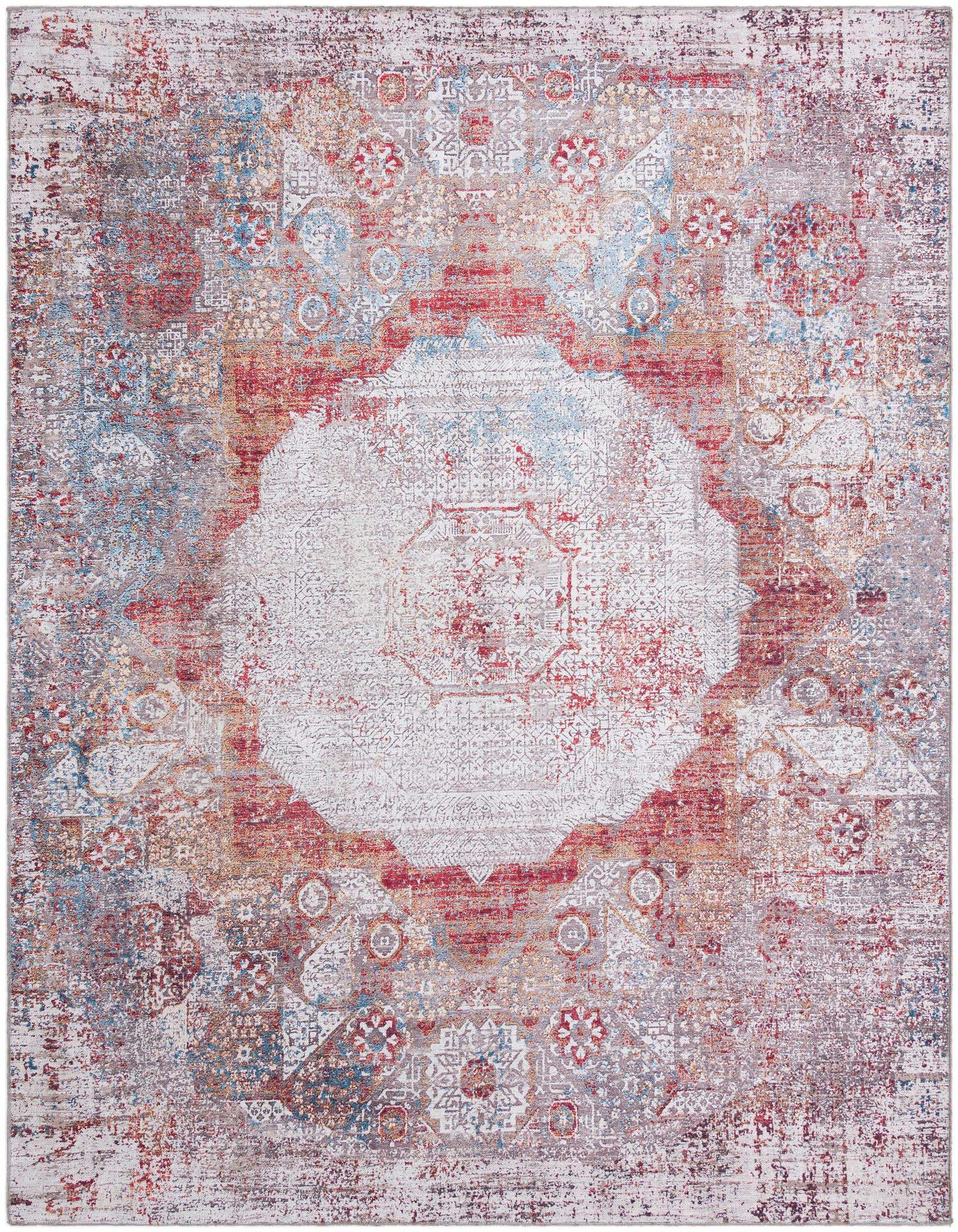 A rectangular 8x10 multi-colored vintage medallion rug with distressed red, blue, and orange tones, ideal for a living room.