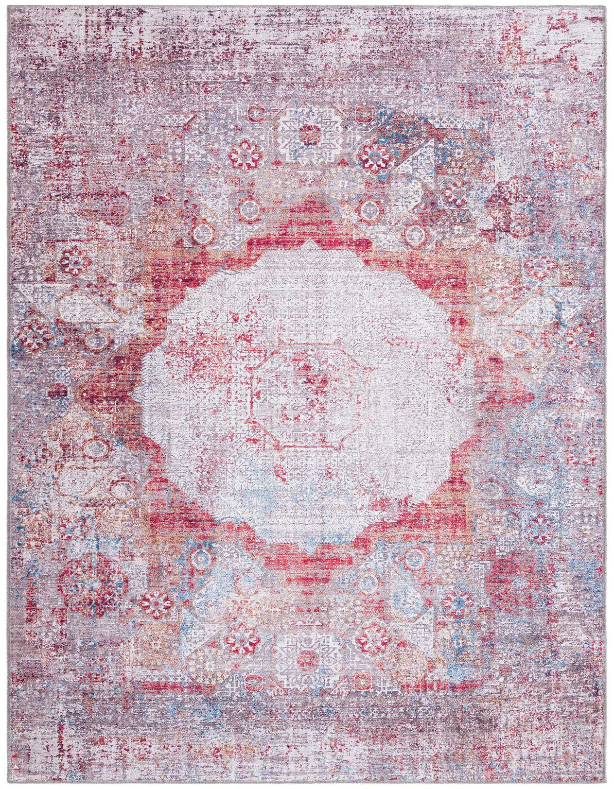 A 5x8 rectangular multi-colored traditional rug with a distressed vintage medallion pattern, ideal for a living room.