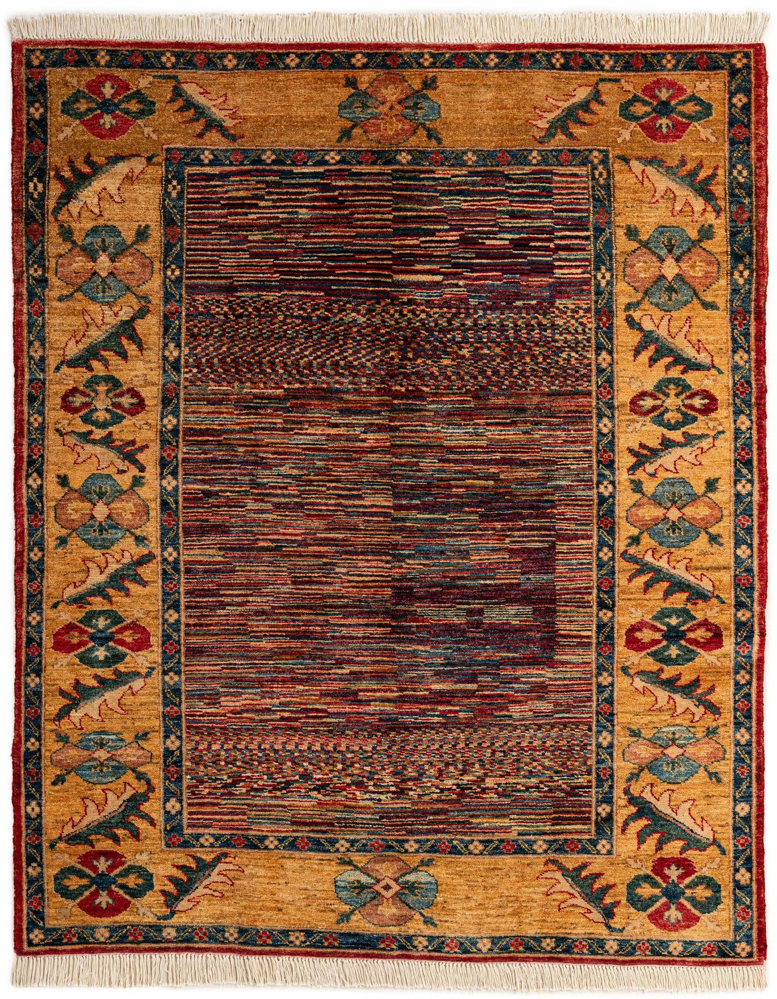 A 5x7 rectangular multi-colored Oriental wool rug featuring a vibrant striped and geometric pattern center with a golden-yellow floral border.