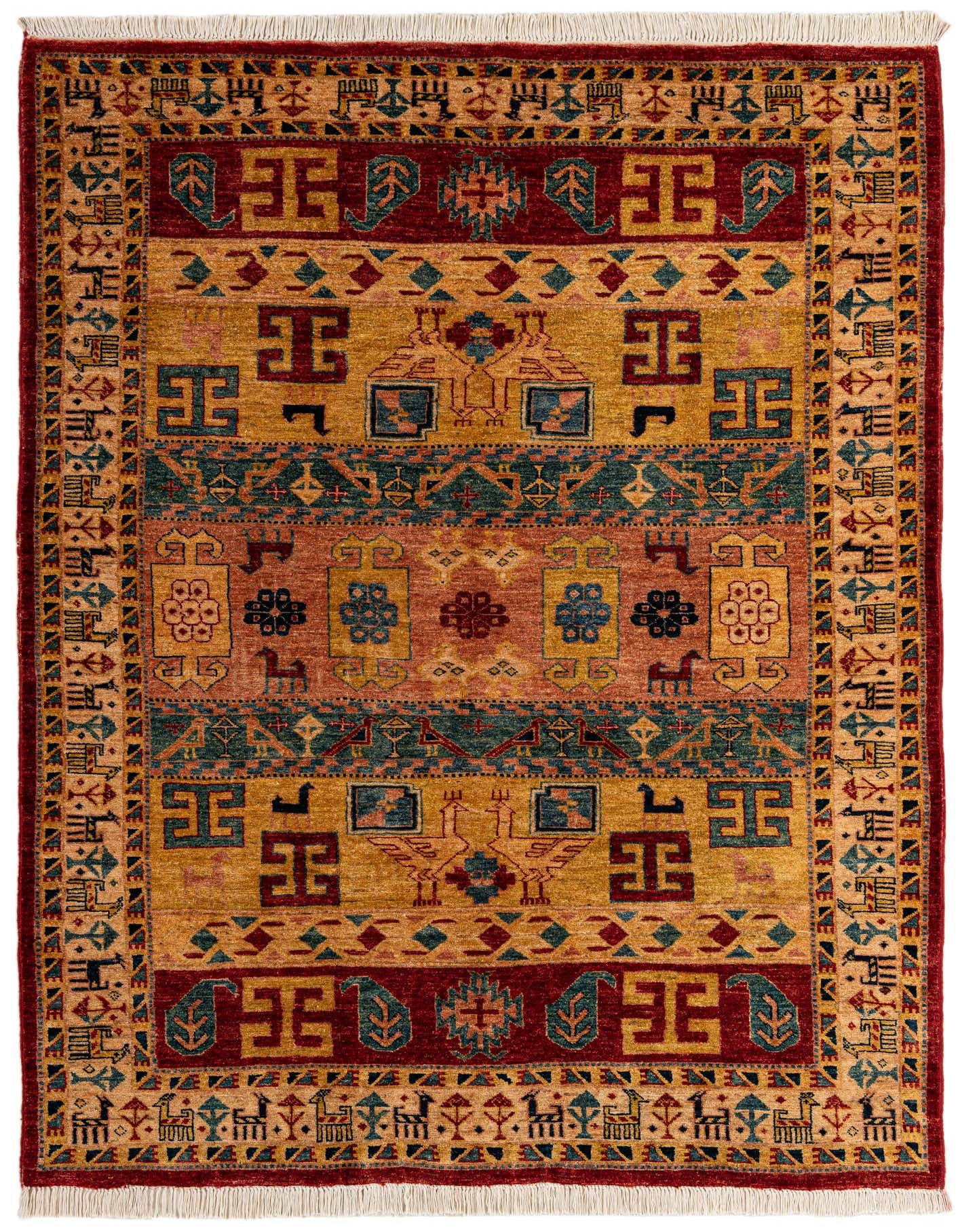 A 5x7 rectangular multi-colored wool rug with a modern oriental pattern, featuring geometric shapes and stylized animal motifs in red, gold, and teal.