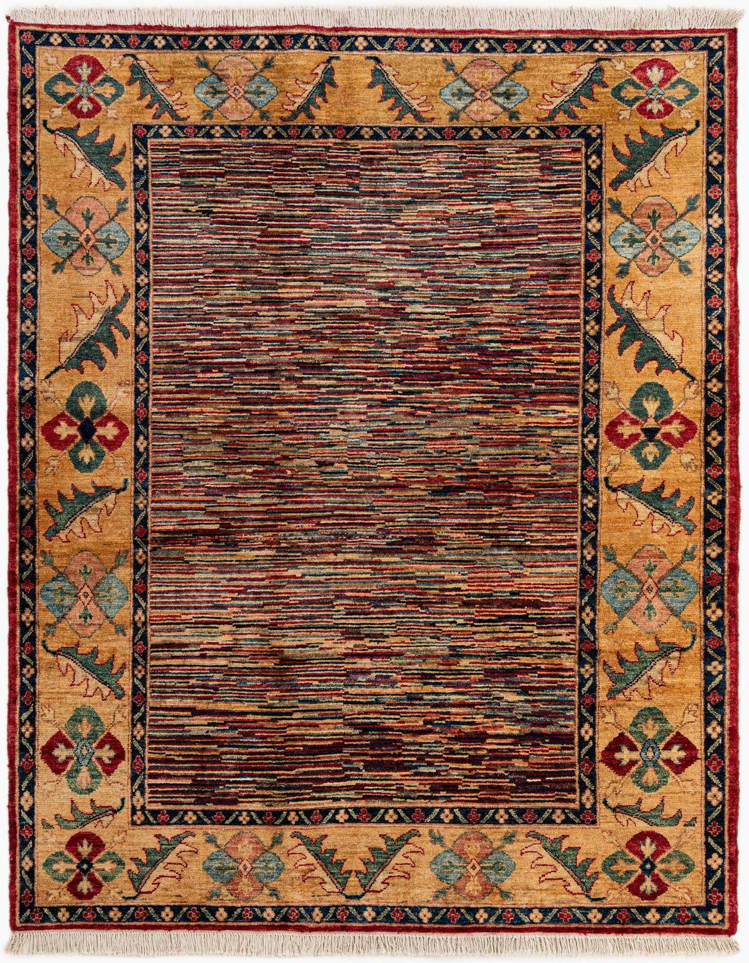 A 5x8 rectangular multi-colored Oriental rug featuring a striped center and a gold border with floral and geometric motifs, ideal for a living room.