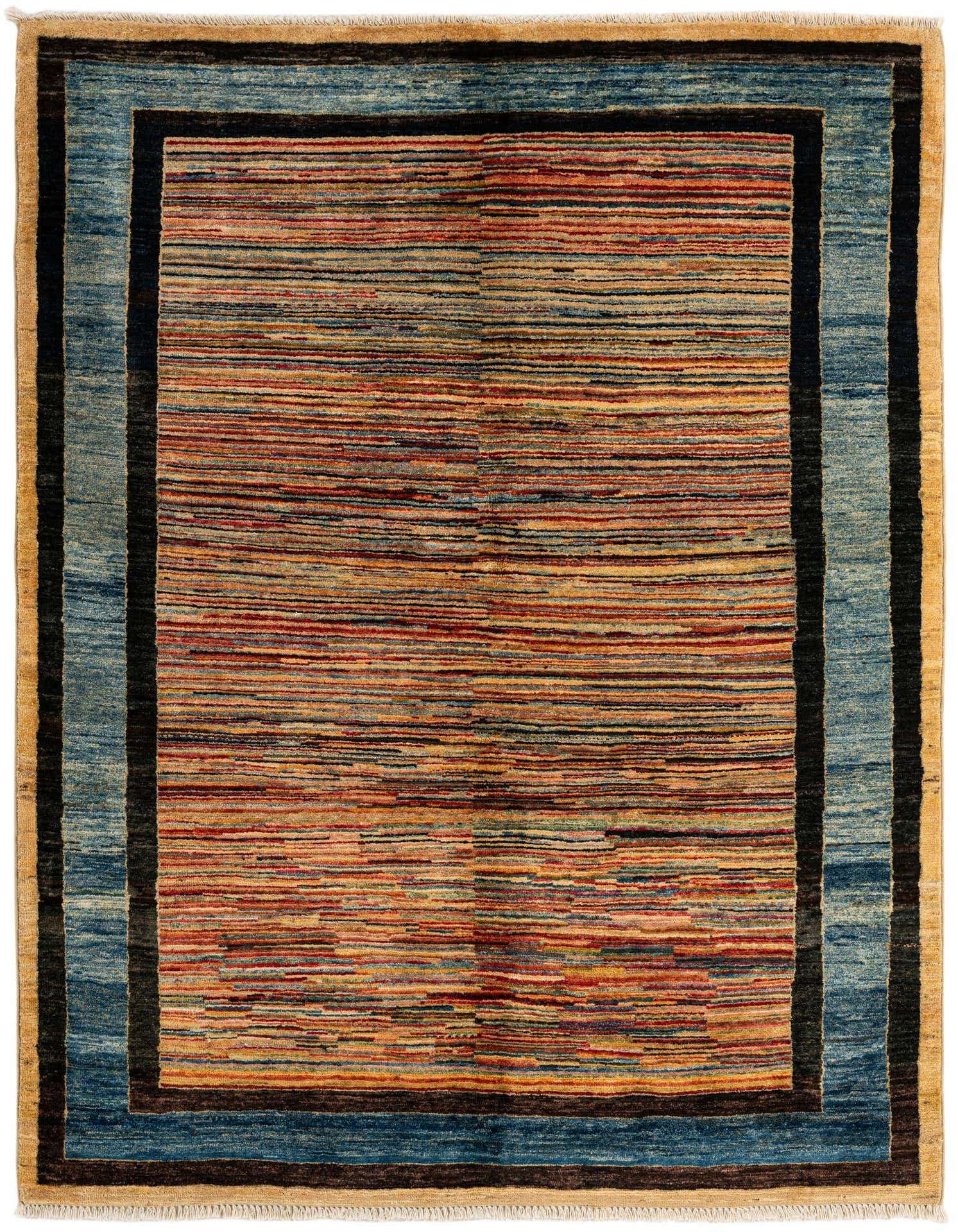 A 5x7 rectangular multi-colored wool rug with horizontal stripes in red, orange, yellow, and blue, framed by a solid blue border and thin black lines.