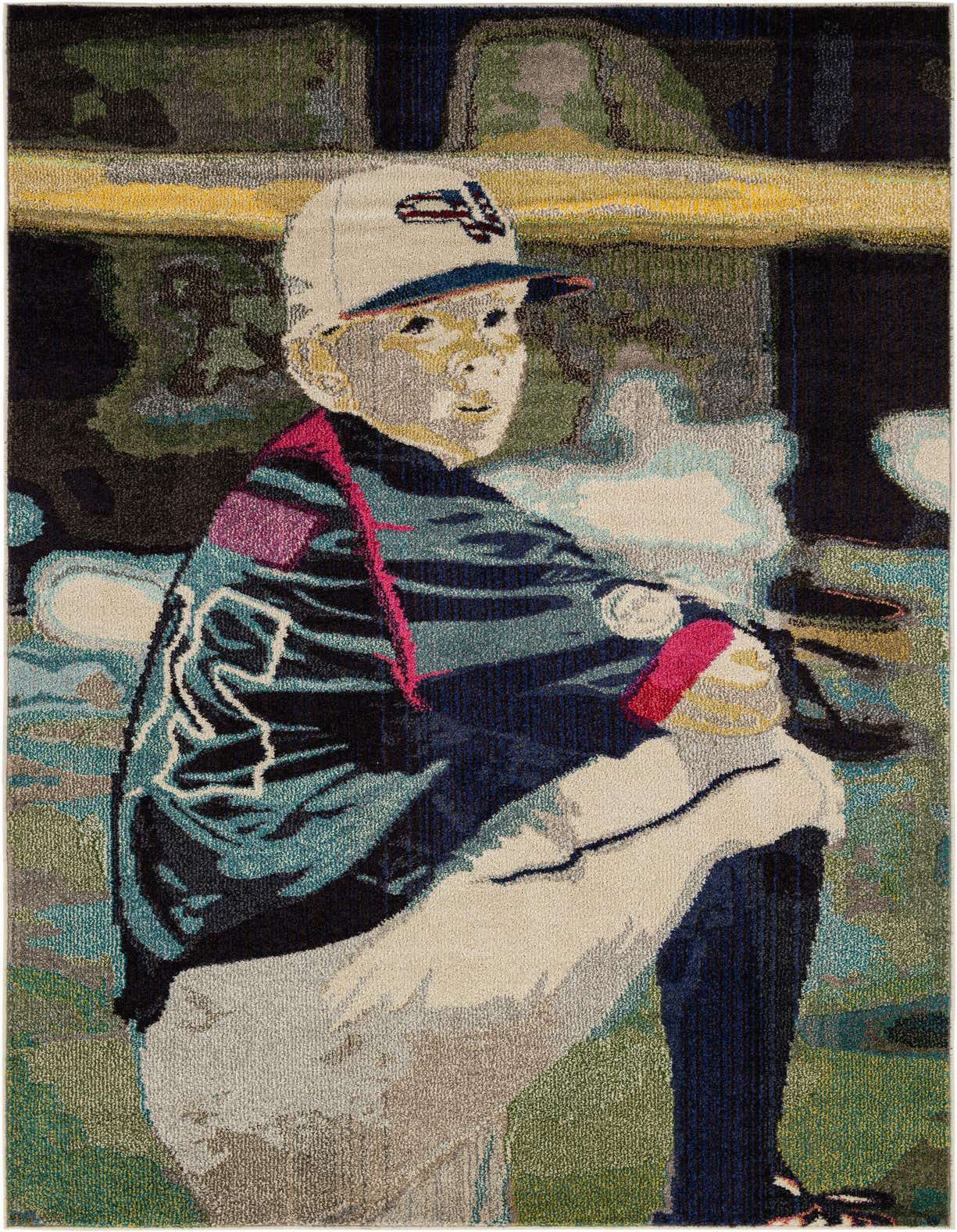 A rectangular 5x8 multi-colored rug featuring an abstract, modern depiction of a young baseball player in a cap and uniform.