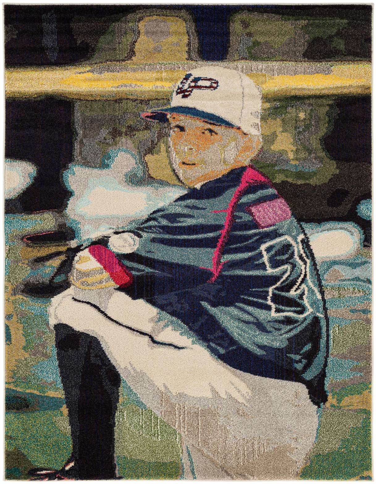 A rectangular 5x8 multi-colored modern rug depicting a baseball player in a white cap and blue jersey.