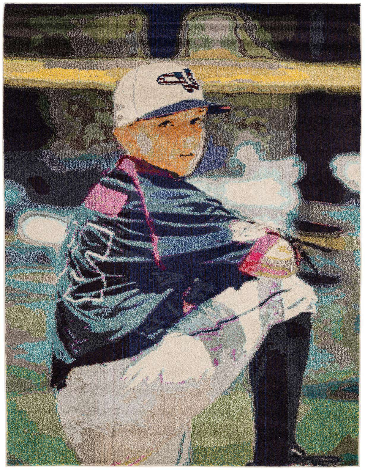 A colorful modern 5x8 rectangular rug depicting a young baseball player in a cap, crouching on a field.