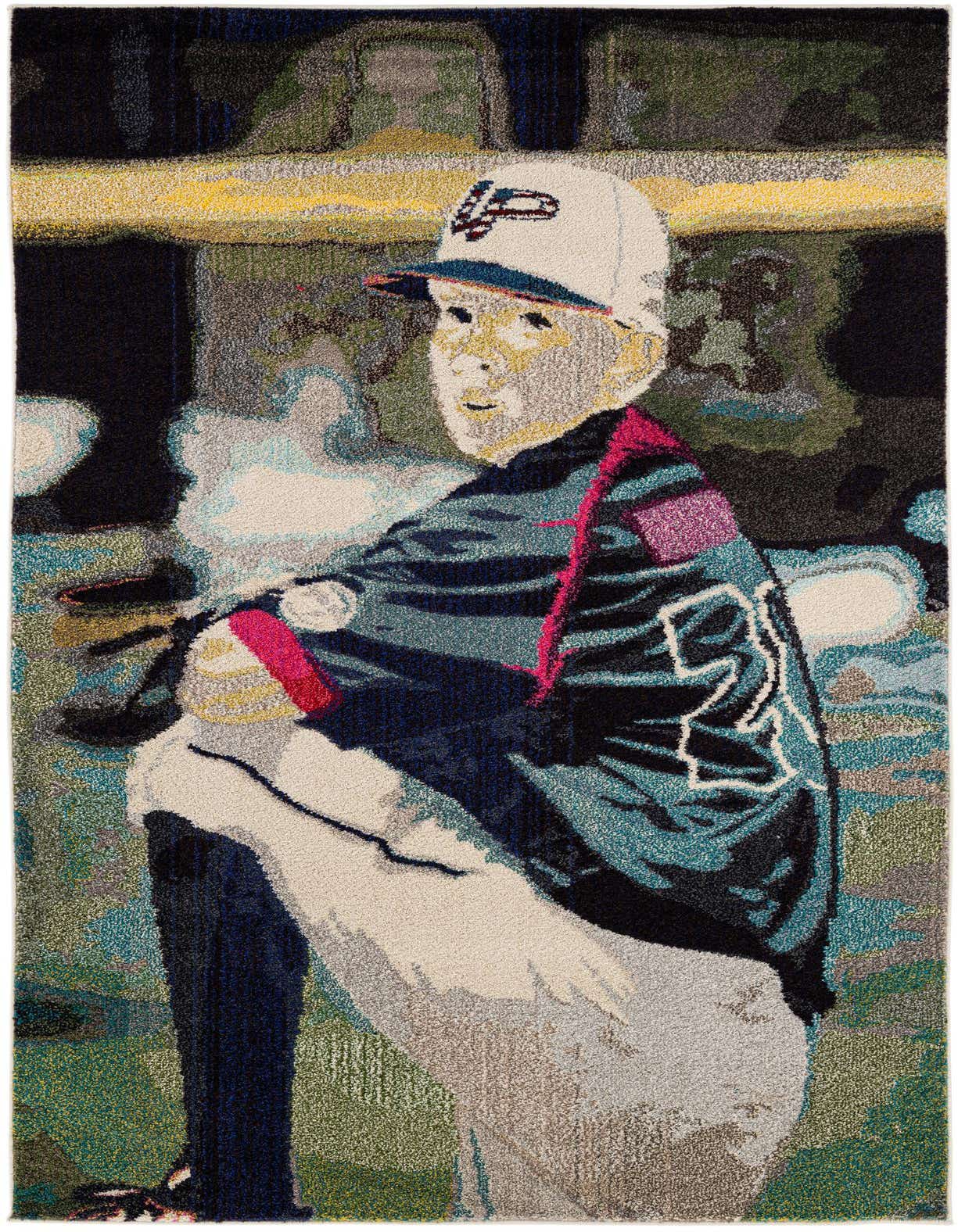 A rectangular 5x8 multi-colored modern rug featuring a boy in a baseball cap and jersey, rendered in a pixelated style.