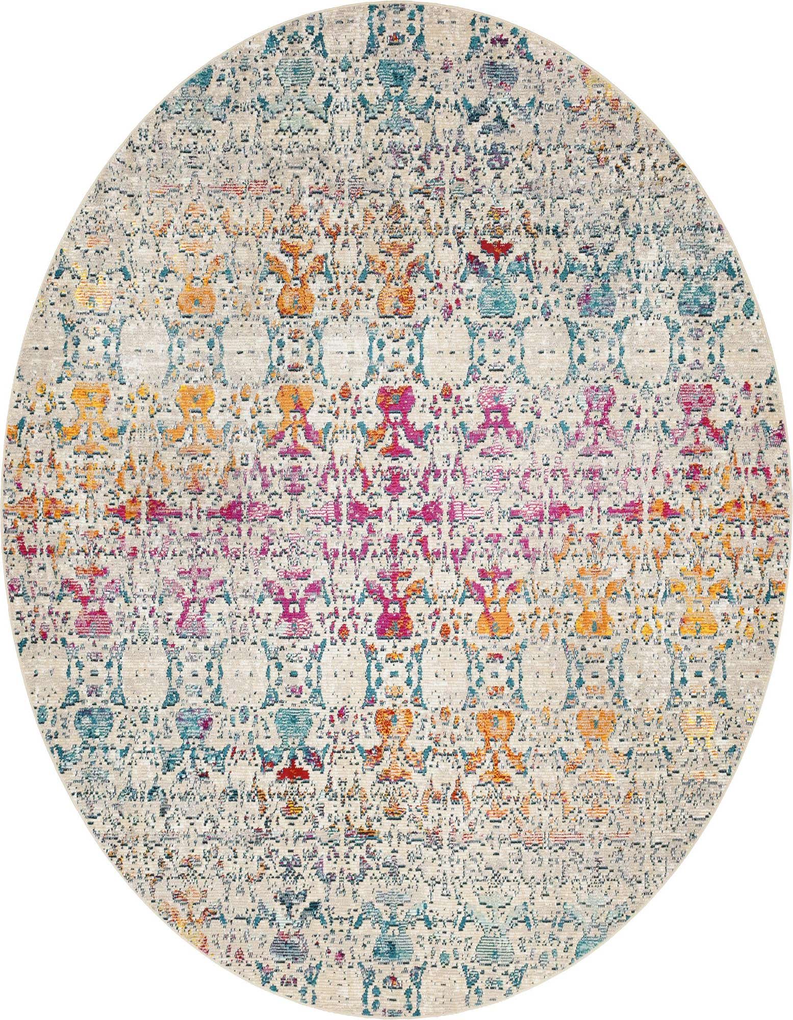A 7' round multi-colored bohemian rug with a distressed medallion pattern on a light background.