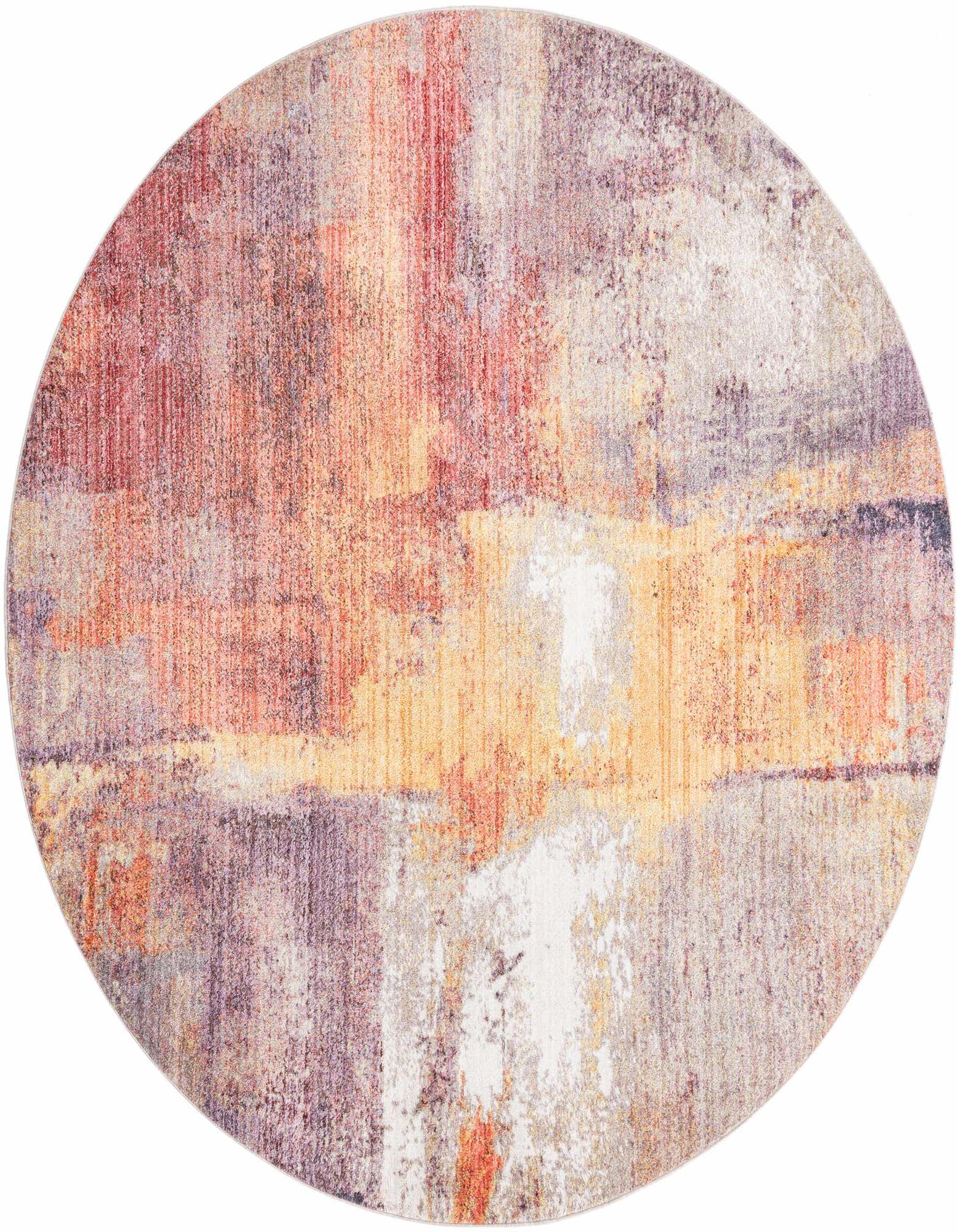 A round, multi-colored modern rug with an abstract pattern in shades of red, orange, yellow, purple, and grey.