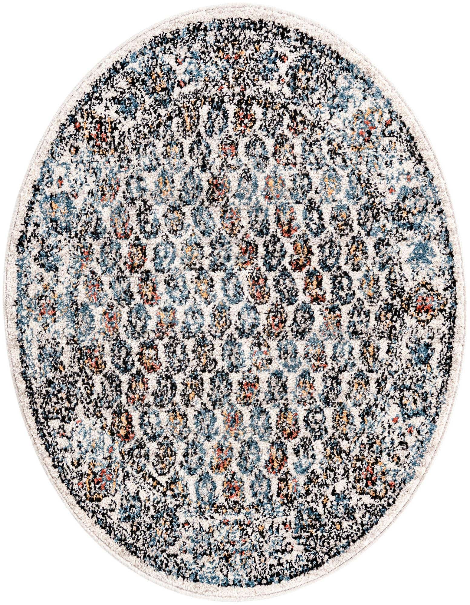A 3' 3 x 3' 3 round multi-colored modern rug with a distressed stripe pattern in blues, oranges, and black on a light background.
