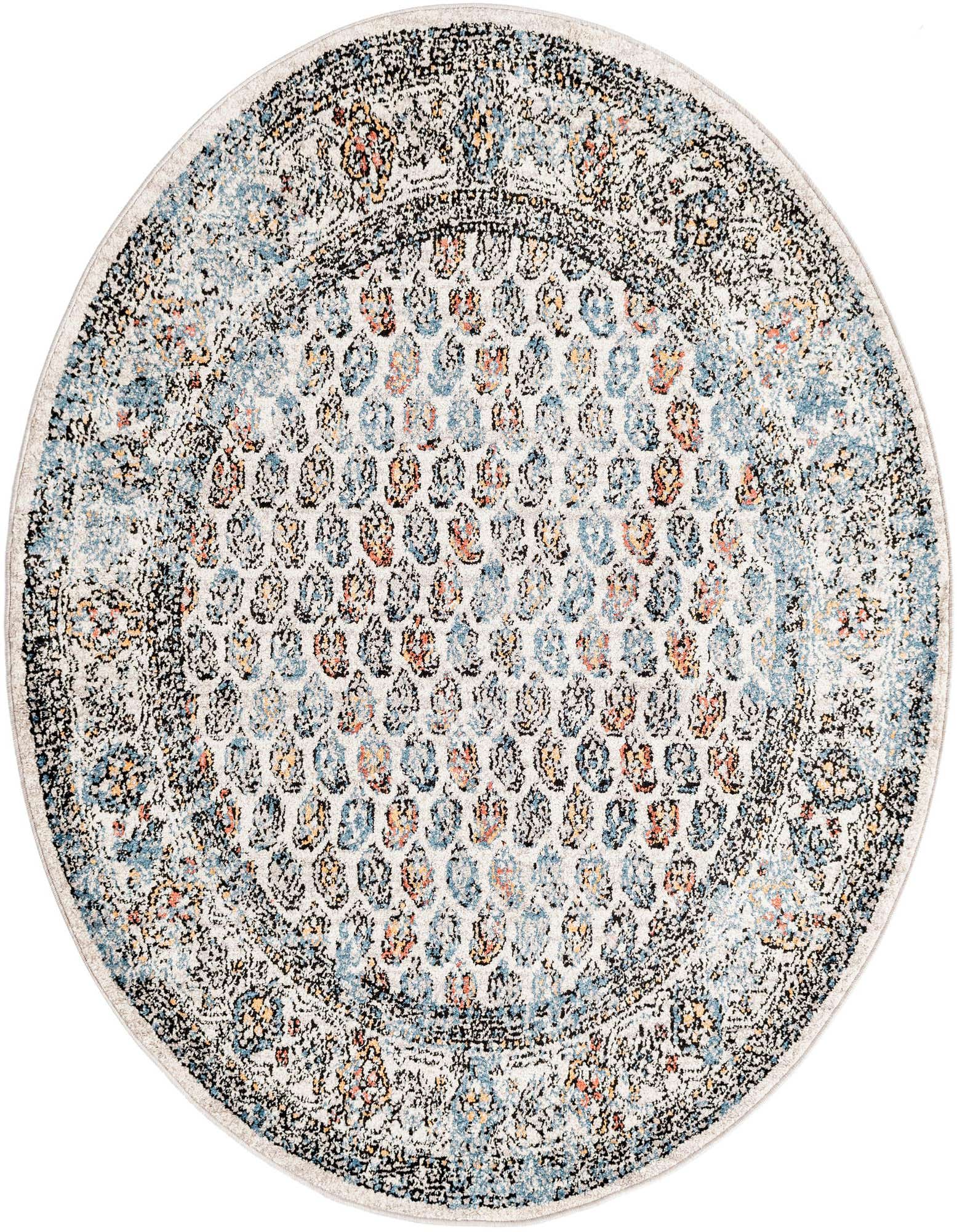 A 5' 3 x 5' 3 round multi-colored polypropylene rug with a distressed stripe pattern, suitable for an indoor patio.