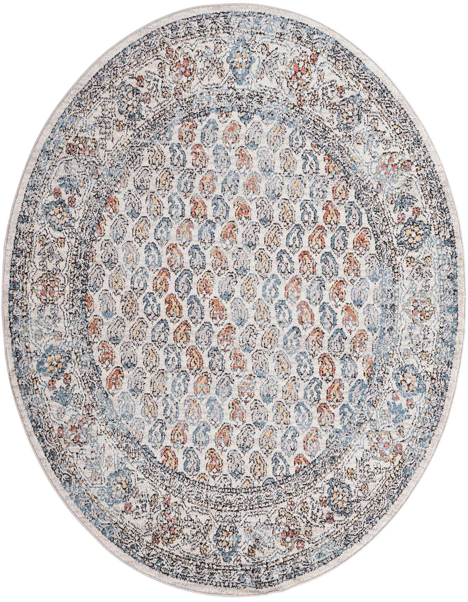 A 7' 0 round multi-colored polypropylene rug with a distressed stripe pattern, suitable for indoor use.