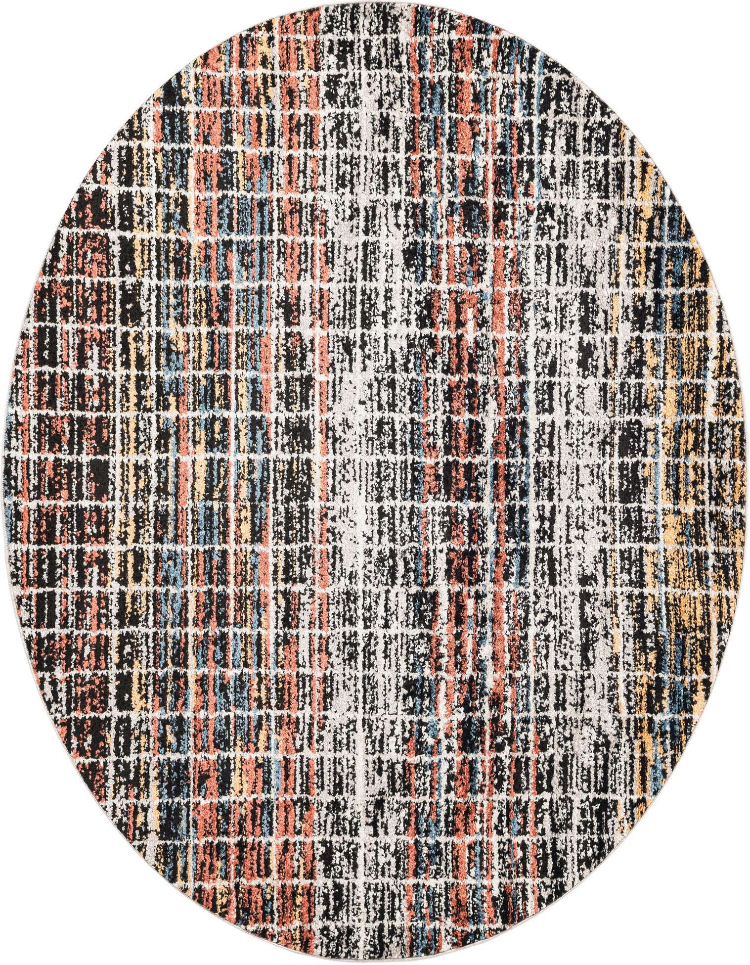 A 5' 3 x 5' 3 round Aramis rug with a multi-colored stripe pattern, featuring black, white, orange, blue, and yellow hues.