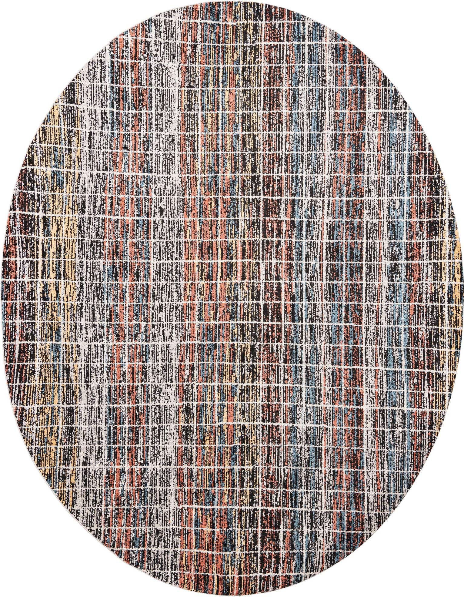 A 10-foot round multi-colored polypropylene rug with a distressed stripe pattern, featuring shades of black, white, blue, orange, and yellow.