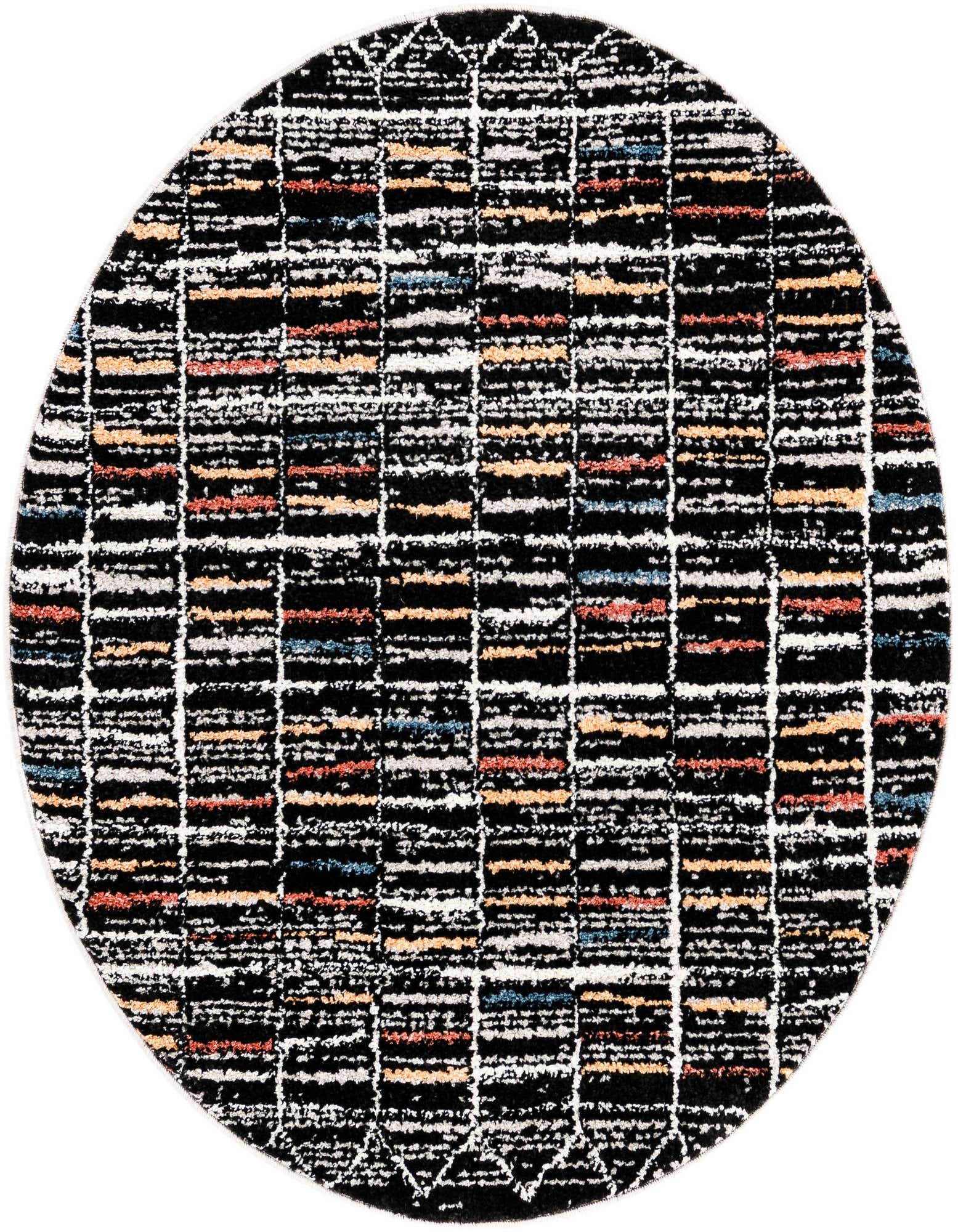 A 3' 3 round multi-colored modern rug with a striped pattern, featuring black, white, orange, and blue hues.