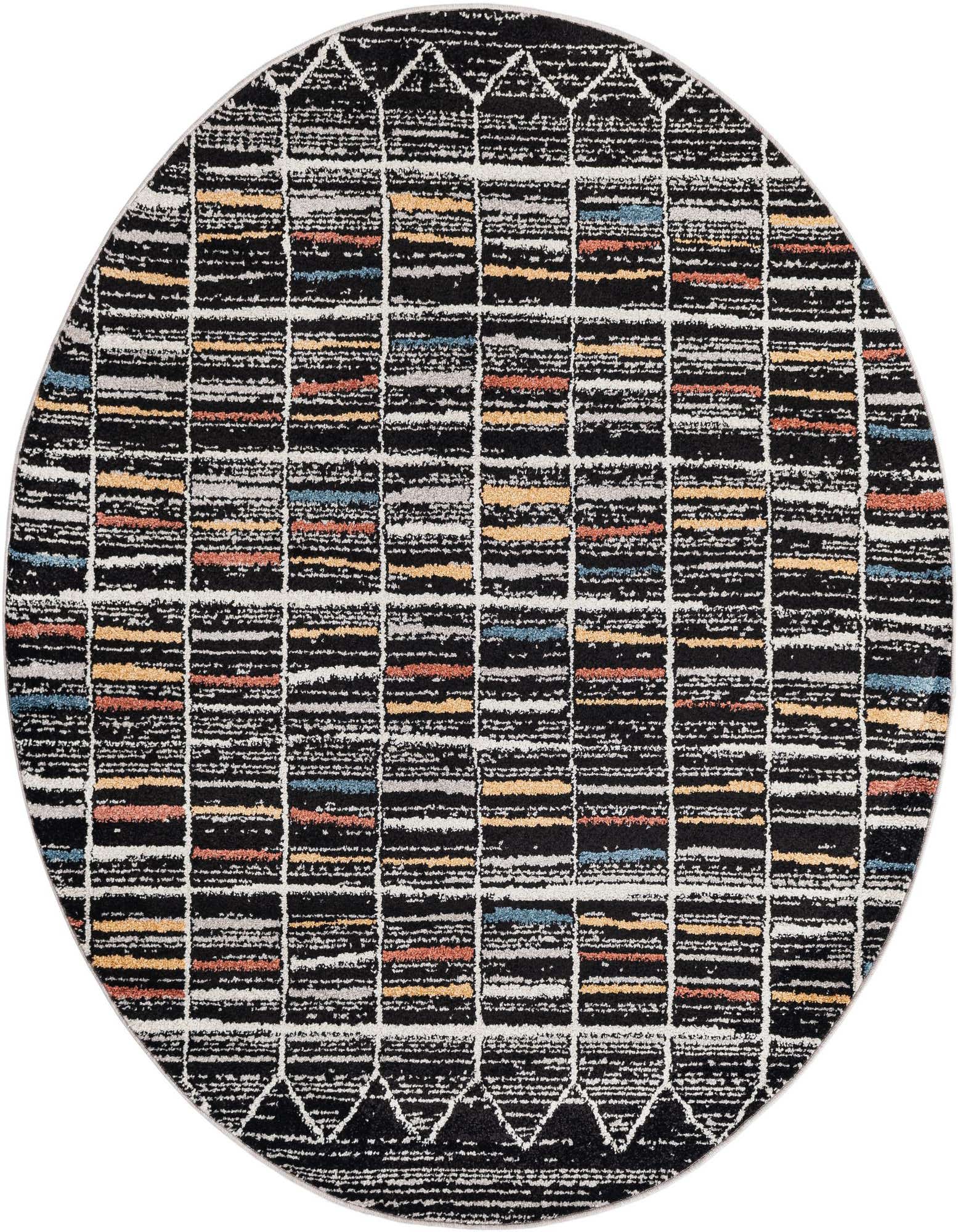 A 5' 3 x 5' 3 round multi-colored polypropylene rug with a modern stripe pattern in black, white, gray, orange, blue, and yellow.