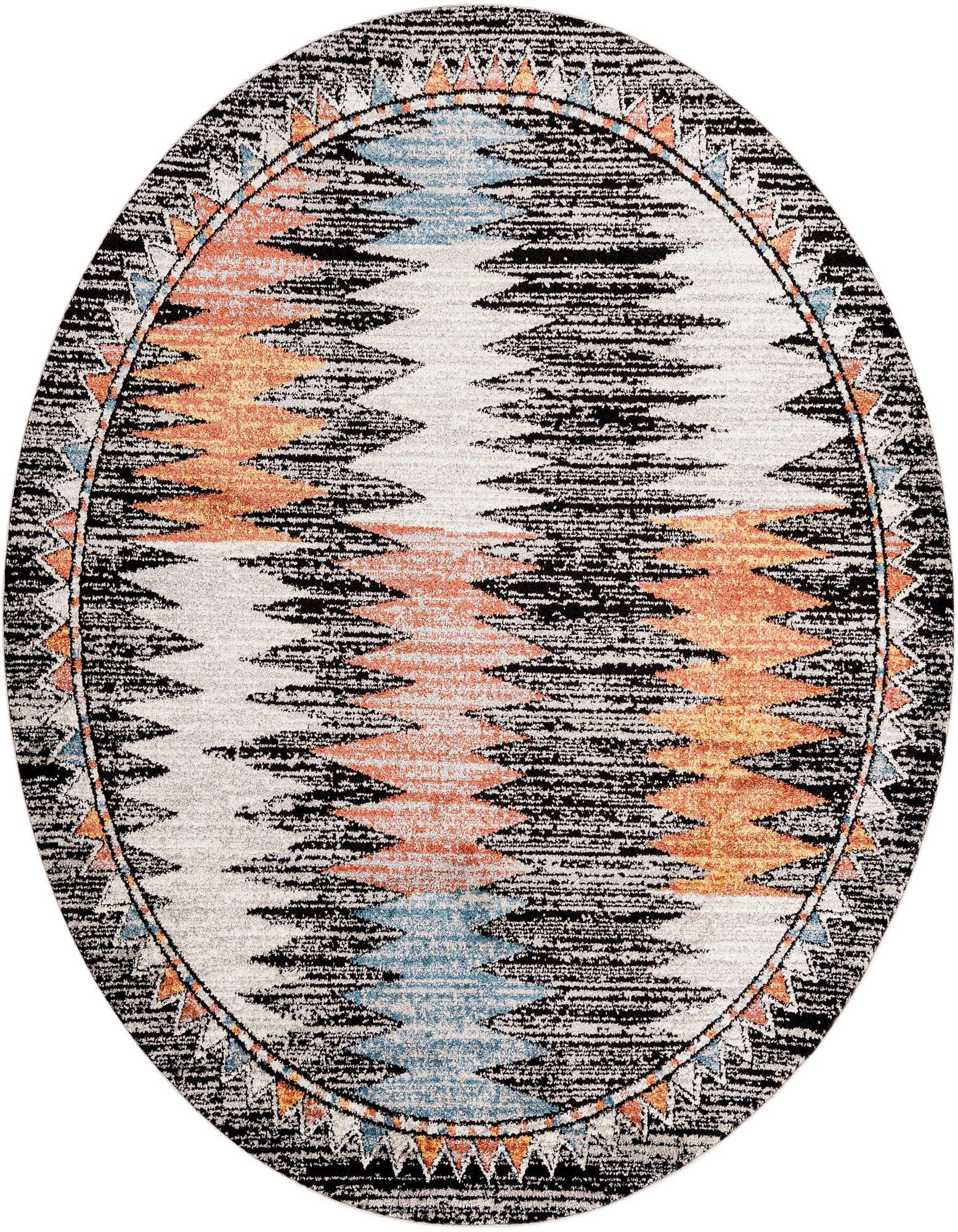 A 7' round multi-colored polypropylene rug with a distressed stripe pattern in black, white, orange, and blue, featuring a tribal-inspired border.