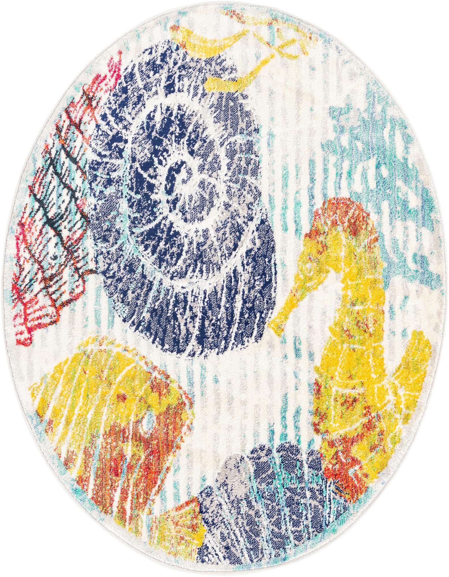 A vibrant round rug featuring a multi-colored modern floral pattern with large blue, yellow, and red elements on a white background, ideal for a child's room.