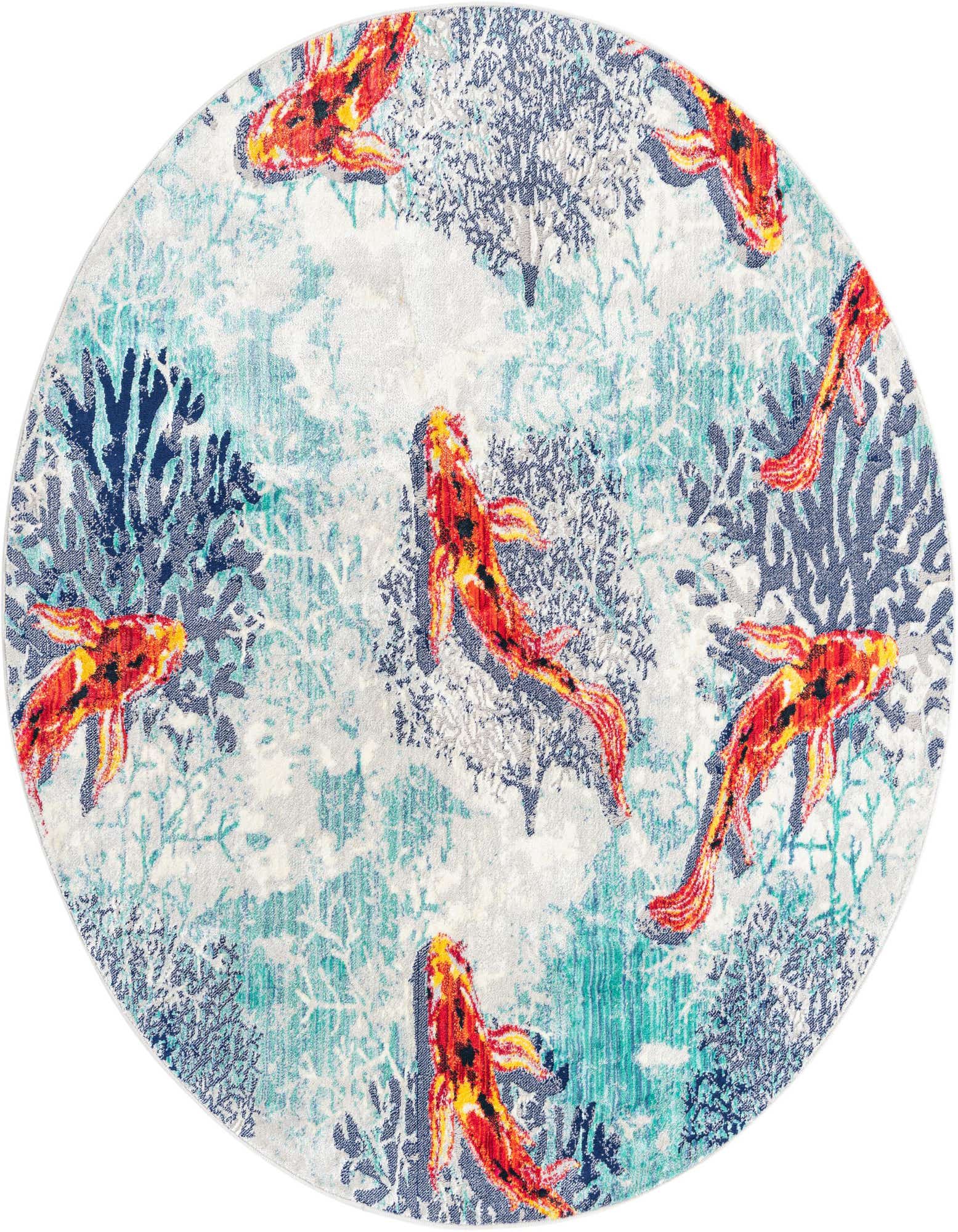 A round, multi-colored indoor rug featuring vibrant orange and yellow koi fish swimming among blue and white coral patterns.