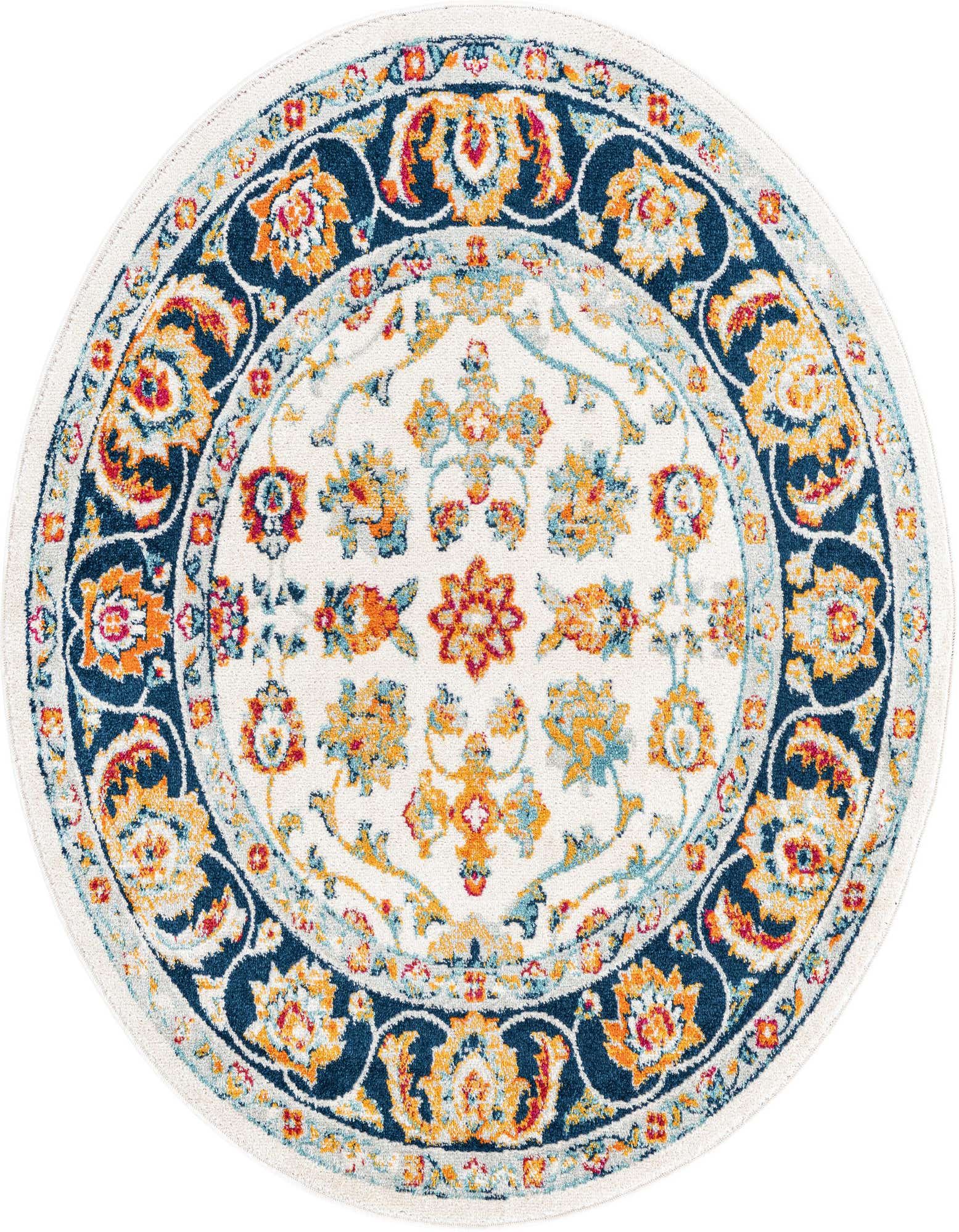A 5' round multi-colored traditional rug with a white center and a navy blue border featuring botanical and floral patterns.