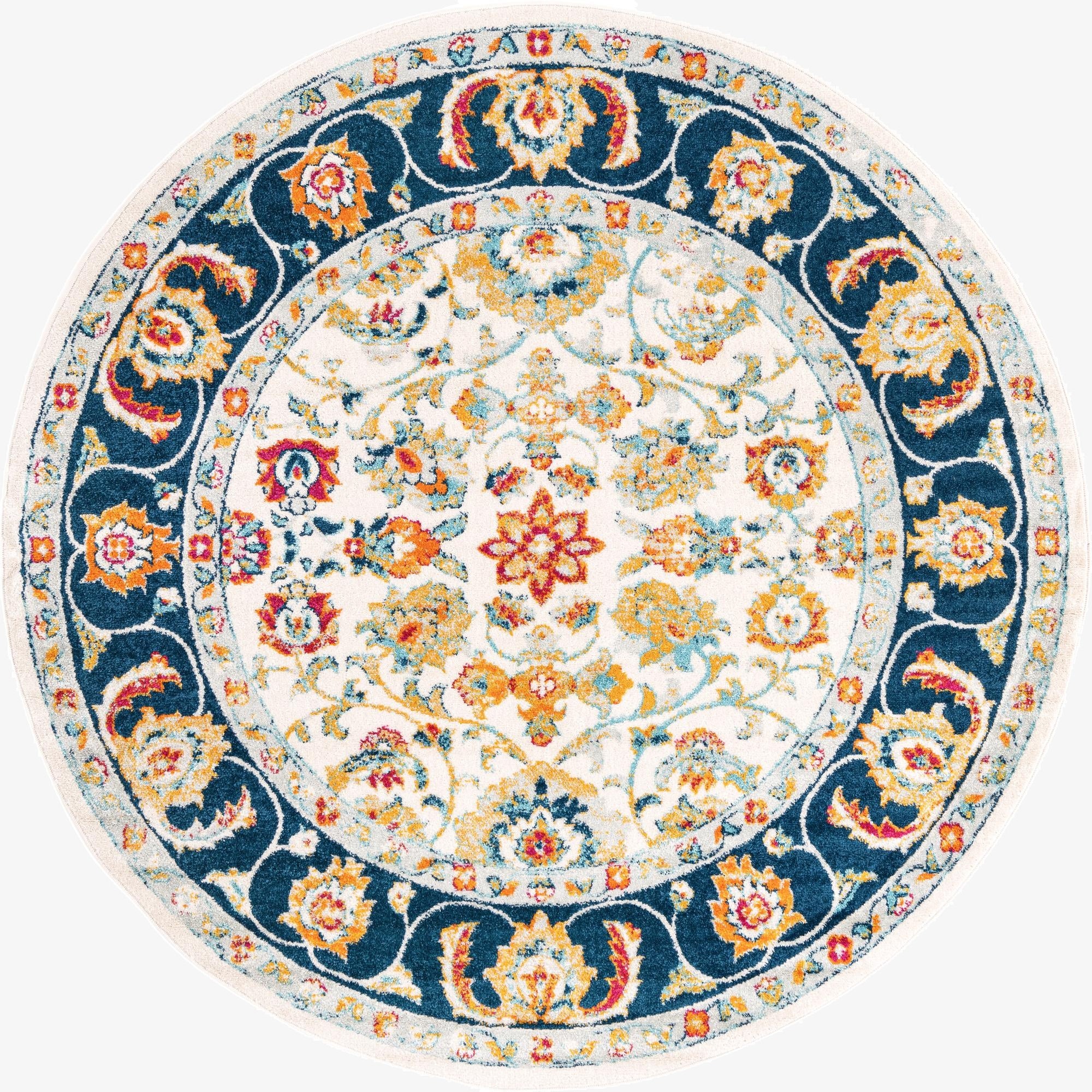 A round, multi-colored traditional rug with a cream center and a dark blue border, featuring intricate botanical and floral patterns in orange, red, and light blue.