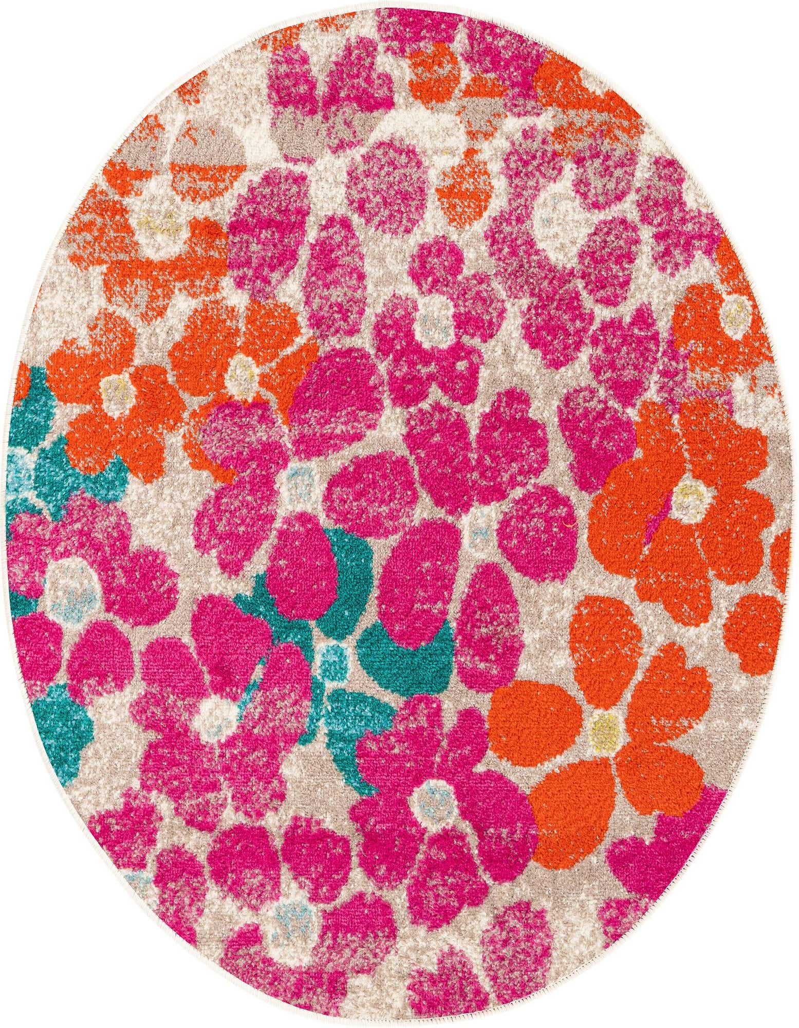 A 3' round multi-colored rug with a modern floral pattern in vibrant pink, orange, and teal on a light background.