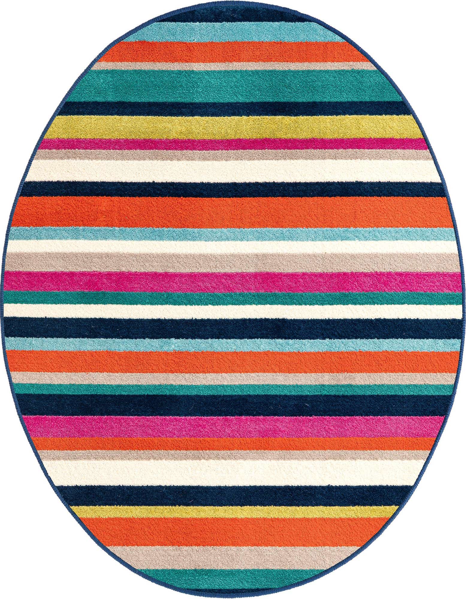 A vibrant 3' round multi-colored striped rug featuring thin bands of orange, teal, navy, pink, lime green, and beige.