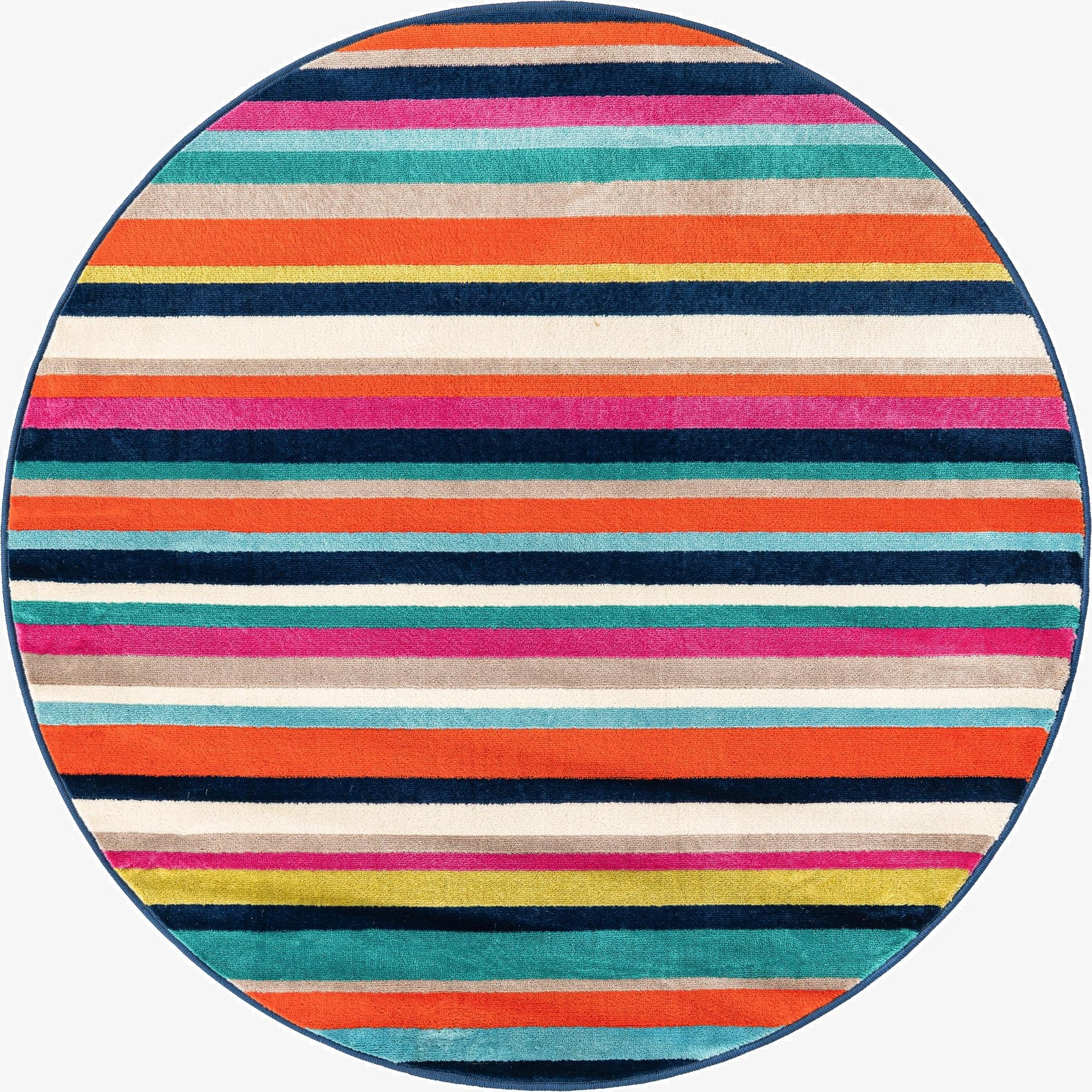 A vibrant 5' 3 round rug featuring horizontal stripes in various colors like orange, pink, blue, teal, and cream, suitable for a modern indoor space.