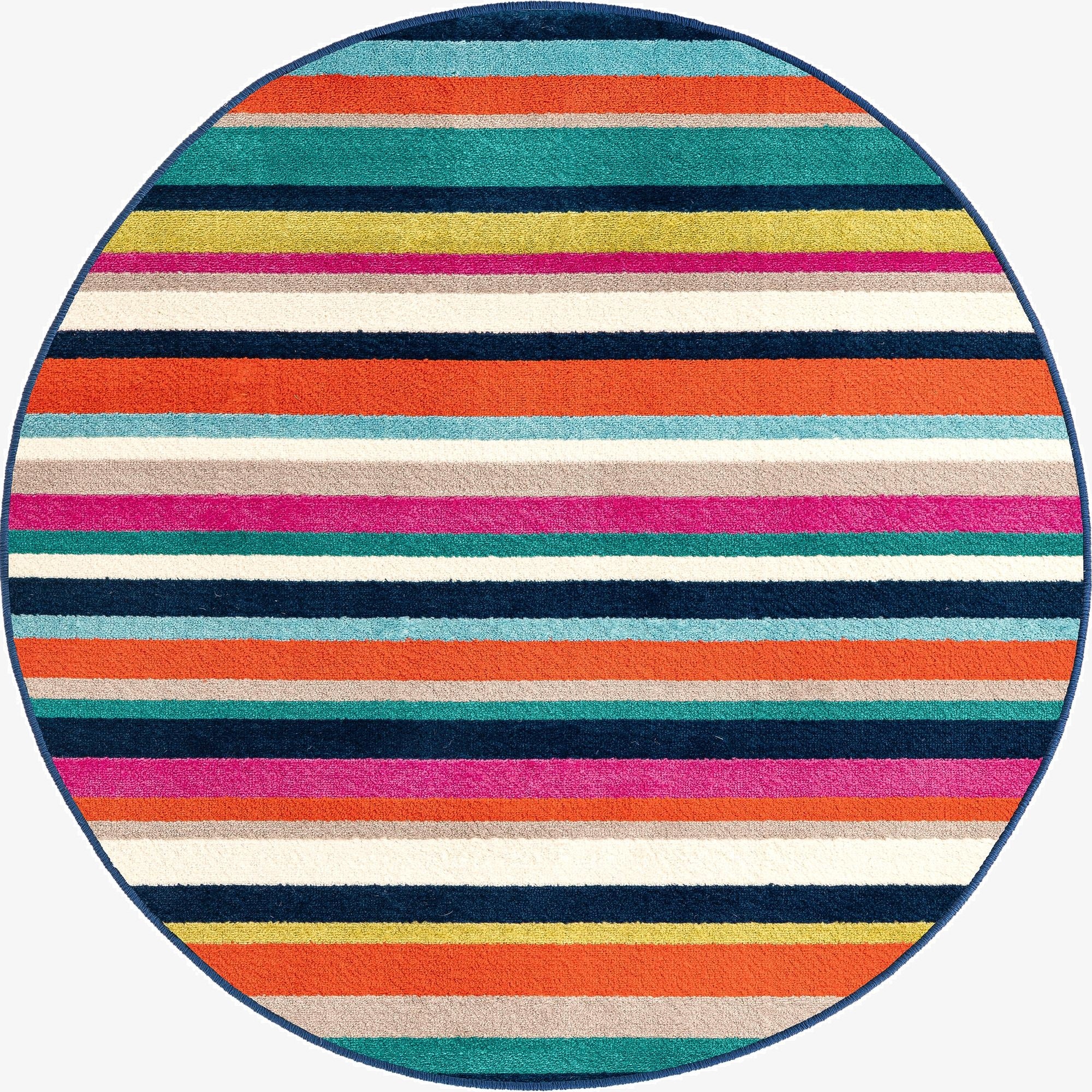 A vibrant 3' round multi-colored striped rug featuring thin bands of orange, teal, navy, pink, lime green, and beige.