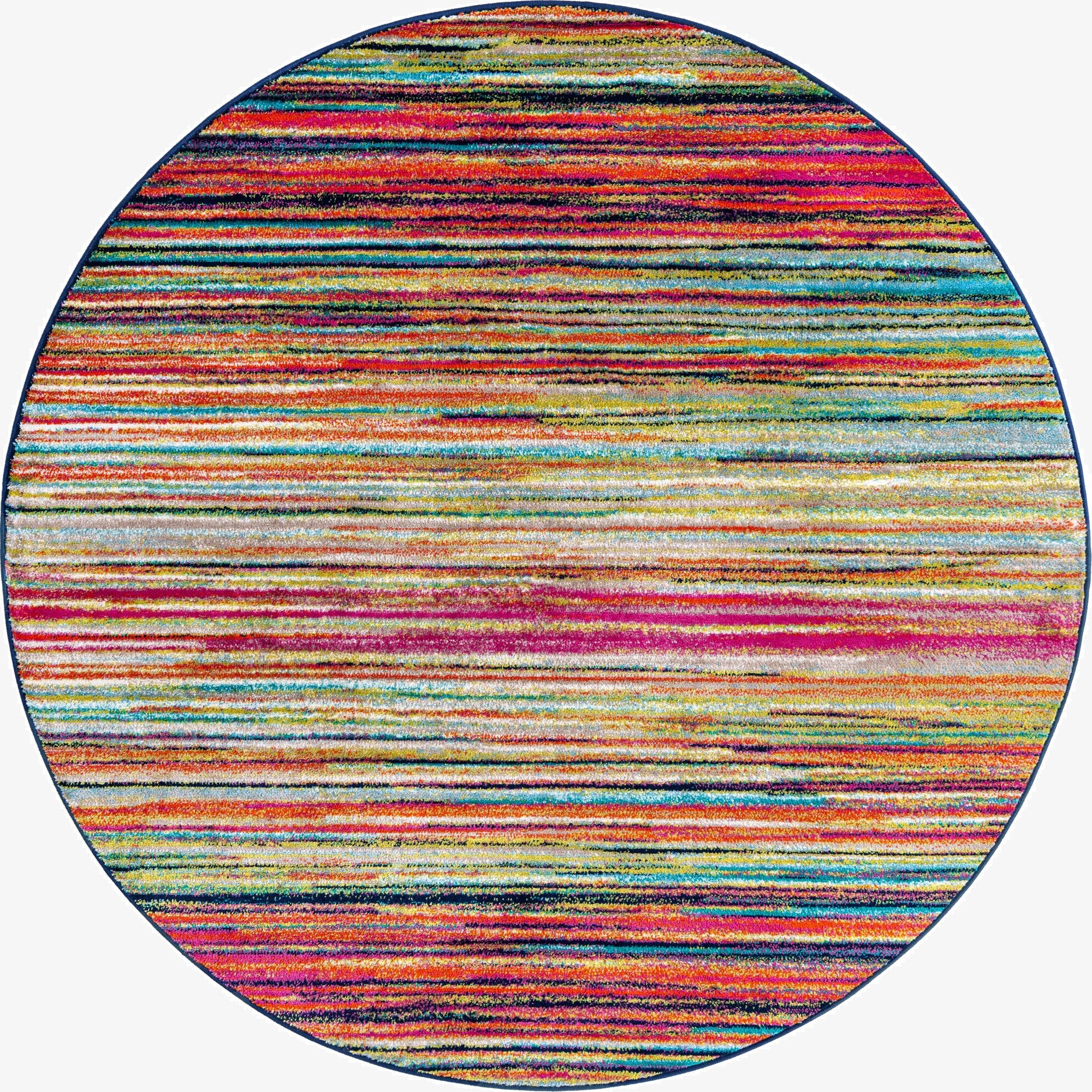 A vibrant 7' round multi-colored rug with thin horizontal stripes in various bright hues, perfect for a modern living space.