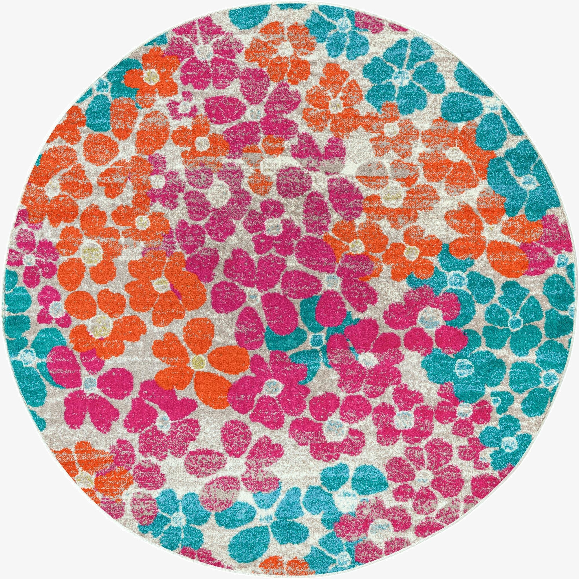 A vibrant 5' 3 x 5' 3 round rug with a modern floral pattern in hot pink, orange, and teal on a light background.