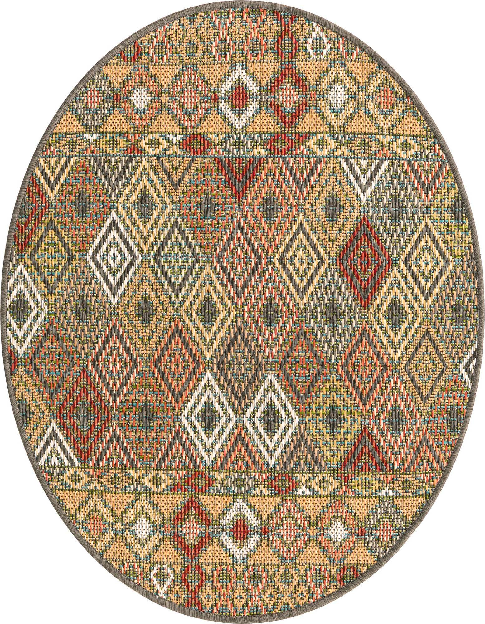 A 3' 3 round multi-colored coastal trellis rug with a flatweave texture, suitable for indoor or outdoor use.