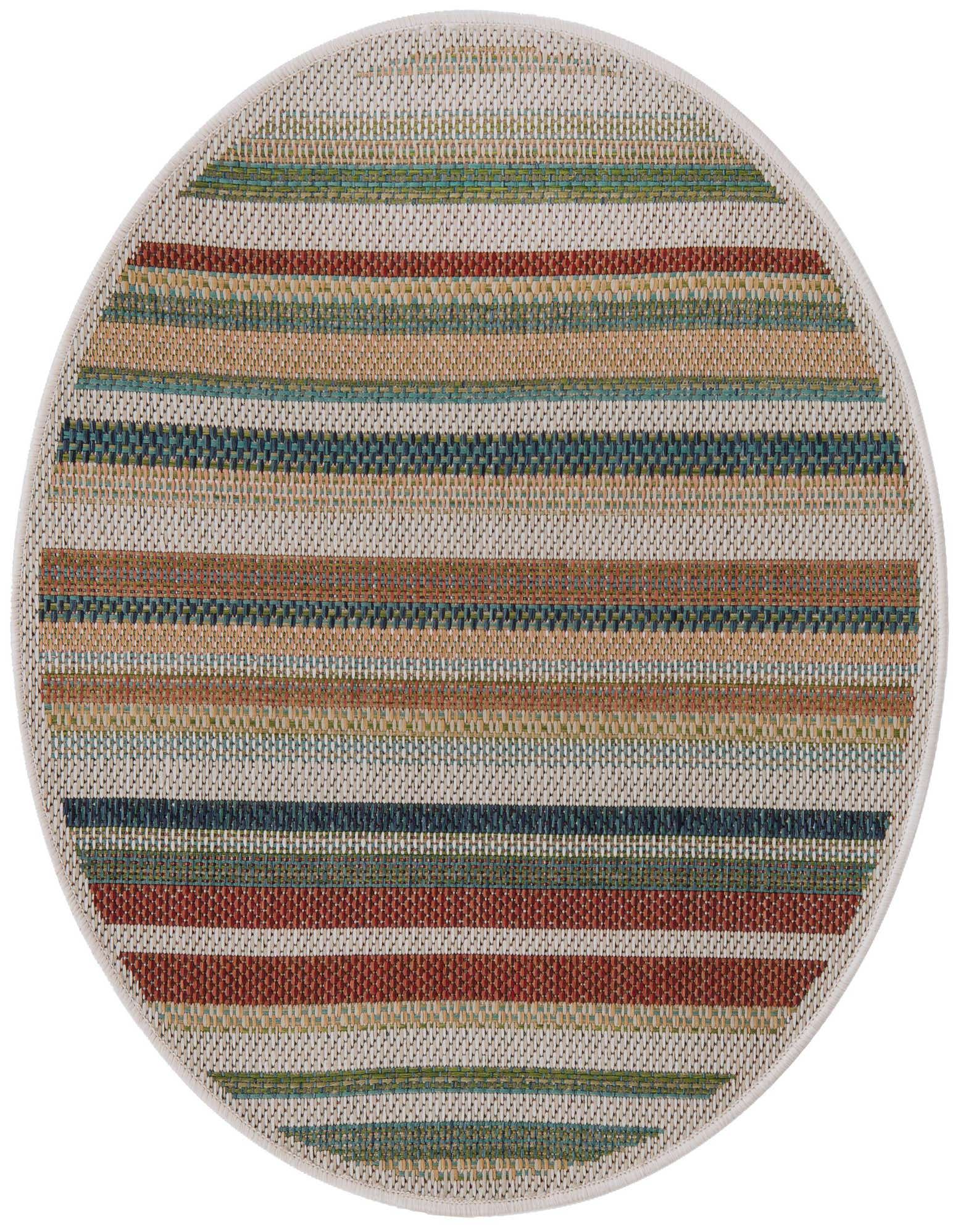 A 3' 3 round multi-colored modern stripe rug, featuring thin horizontal bands of various colors on a light background, suitable for indoor or outdoor use.