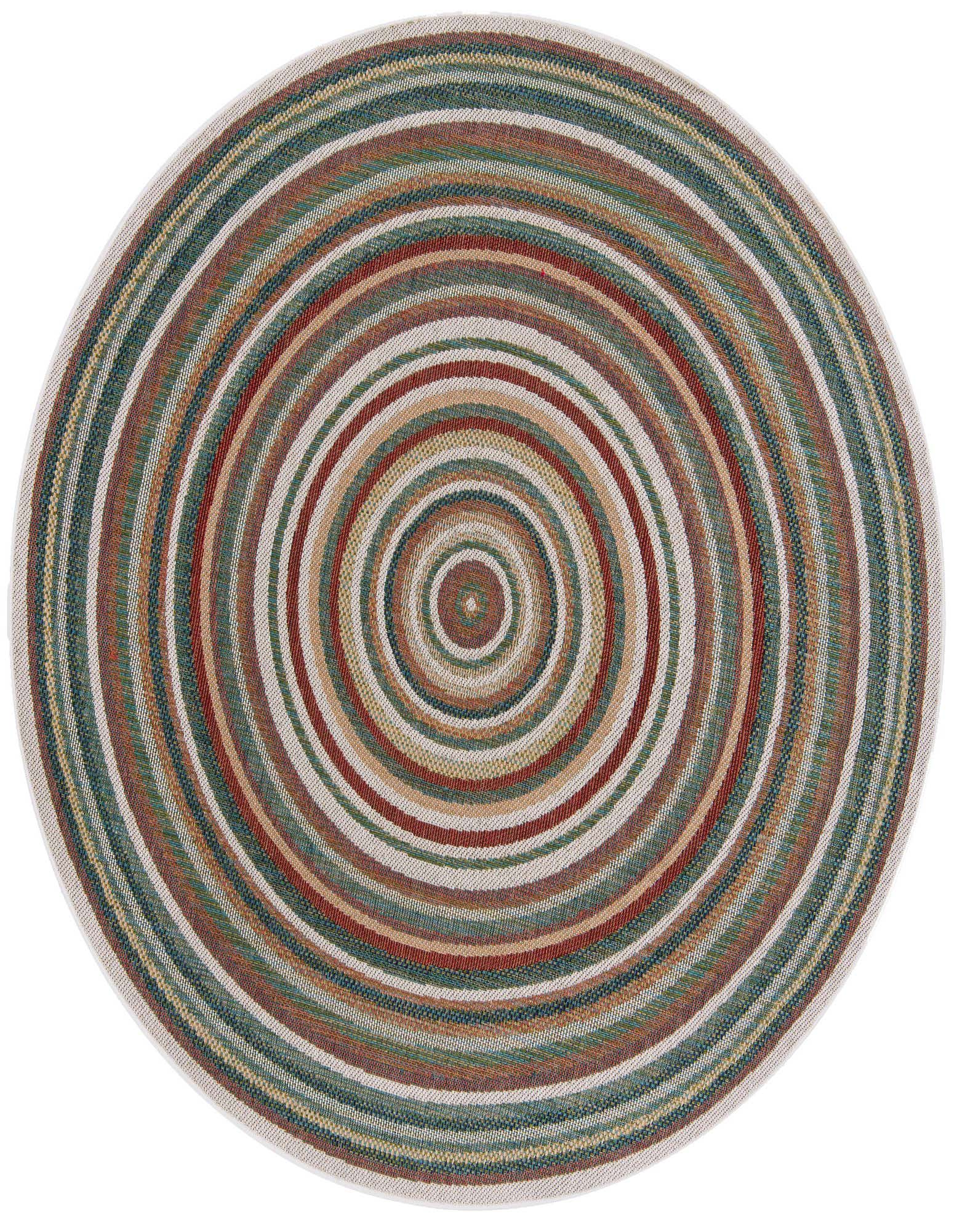 A 7'10" round multi-colored braided rug with concentric stripes of green, red, brown, and cream, suitable for indoor or outdoor use.