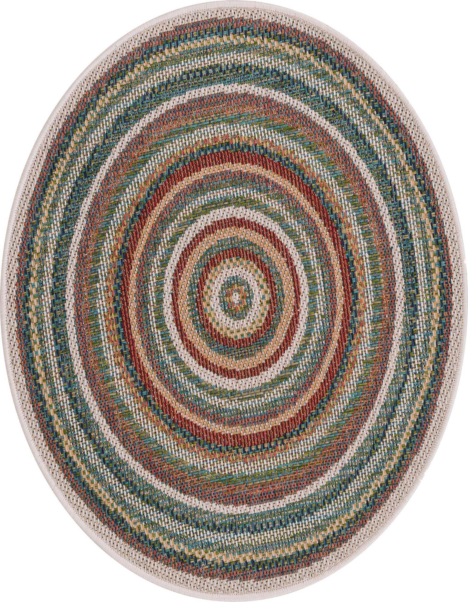 A 3' 3 x 3' 3 round, multi-colored flatweave rug with concentric stripes in teal, rust, beige, and green, suitable for indoor or outdoor use.