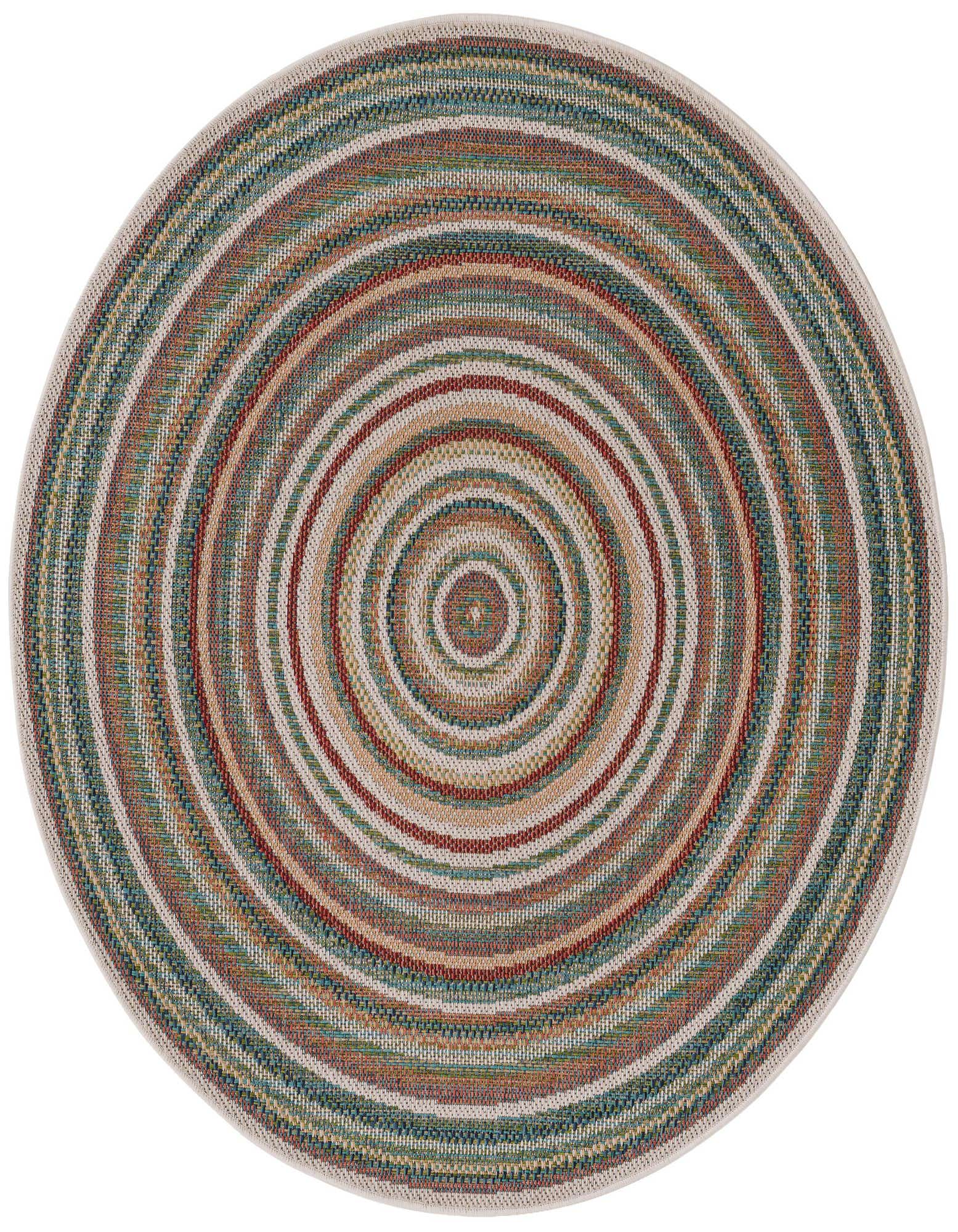 A 5' 3 round multi-colored rug with concentric stripes in teal, red, brown, and beige, suitable for indoor or outdoor use.